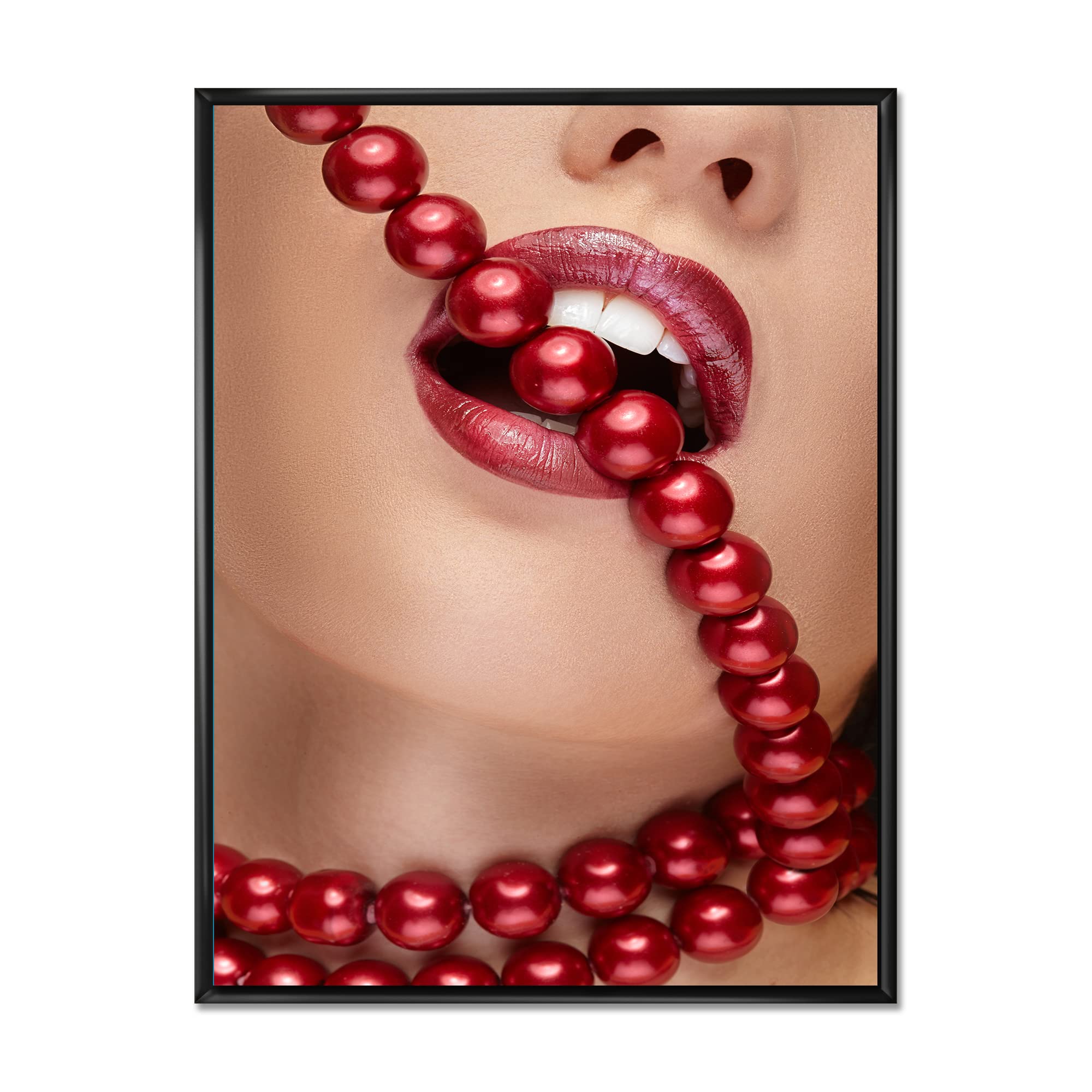 Modern Framed Canvas Wall Art Print - Woman with Red Lipstick Biting Pearls | Elegant Home Decor for Living Room, Bedroom & Office