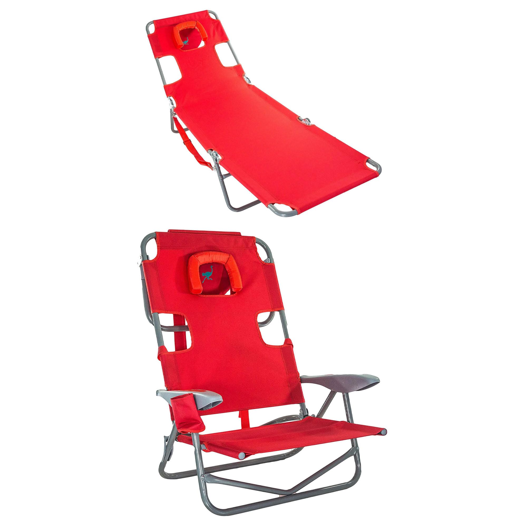 Ostrich Chaise Folding Steel Frame Beach Lounger - 5 Position Adjustable Reclining Outdoor Camping Lawn Chair with Portable Carry Strap - Perfect for Beach, Poolside, Backyard & Picnic (Red)