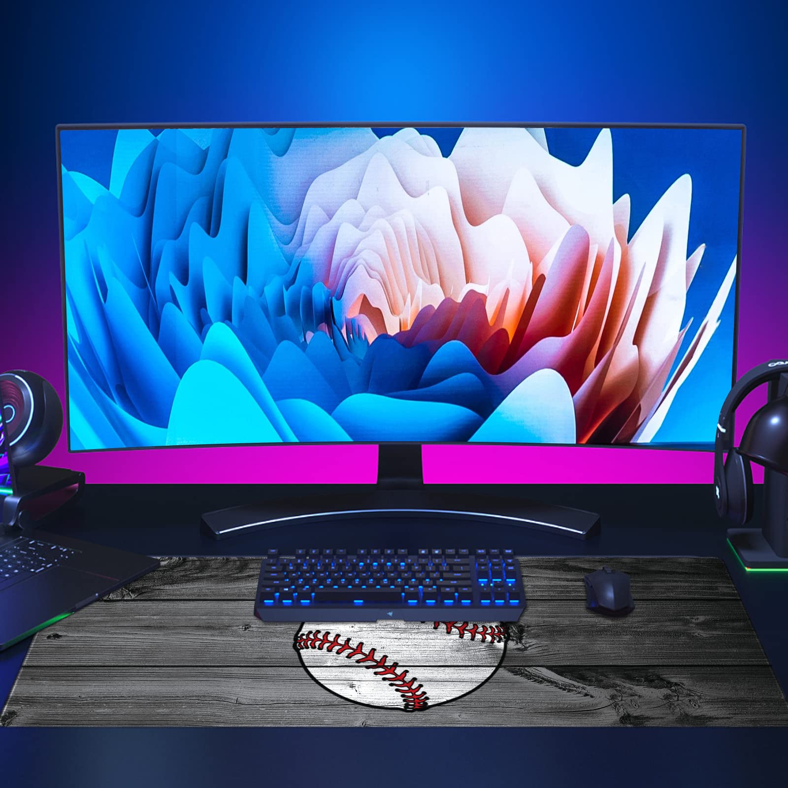 XXL Gaming Mouse Pad 31.5x11.8 Inches - Stitched Edges, Anti-Slip Rubber Base, Ergonomic Design for PC & Computer Gaming - Custom Wooden Baseball Print - Perfect for Office Work & Esports