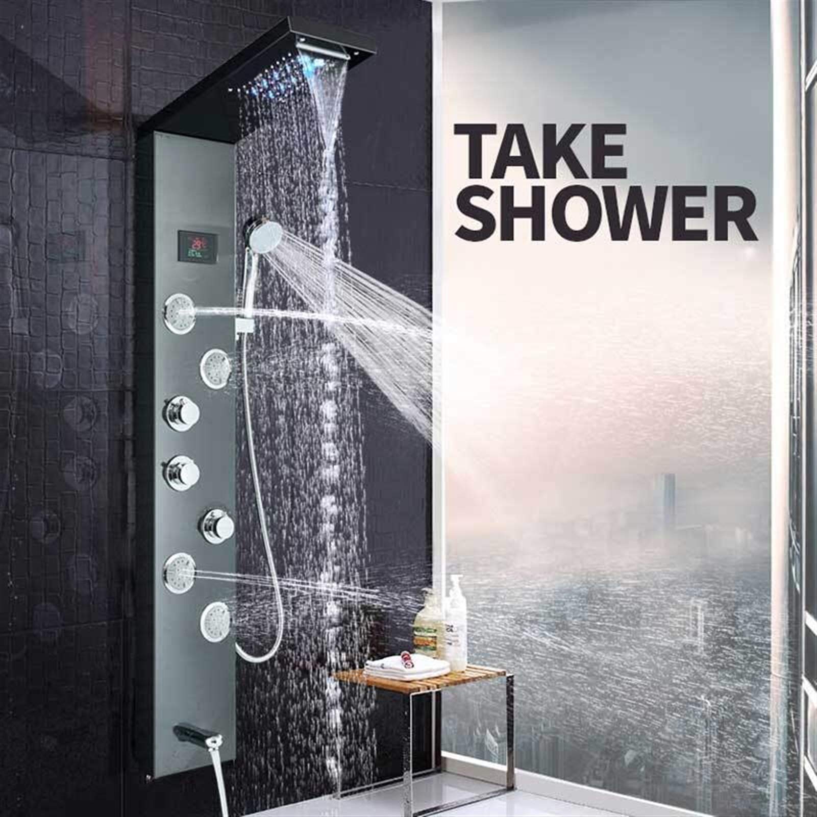 Black LED Light Waterfall Rain Shower Panel with Massage Jets - Spa Shower Column Mixer Tap Tower for Modern Bathroom (Color: Black 9001) | Perfect for Luxury Bathroom Renovation & Relaxing Home Spa Experience