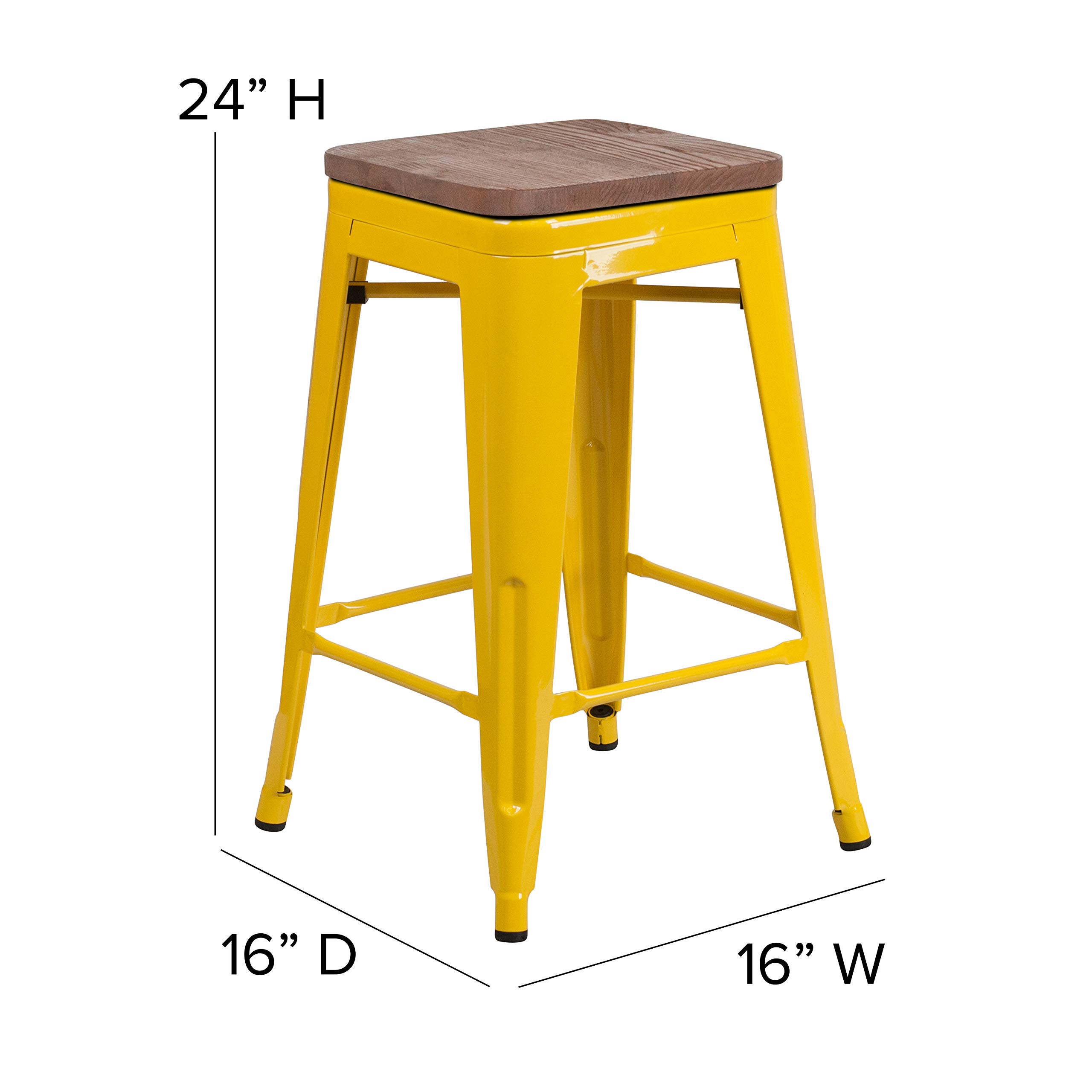 EMMA + OLIVER 24 Inch Backless Yellow Metal Bar Stool with Wooden Seat - Perfect for Kitchen Islands, Breakfast Bars & Small Spaces