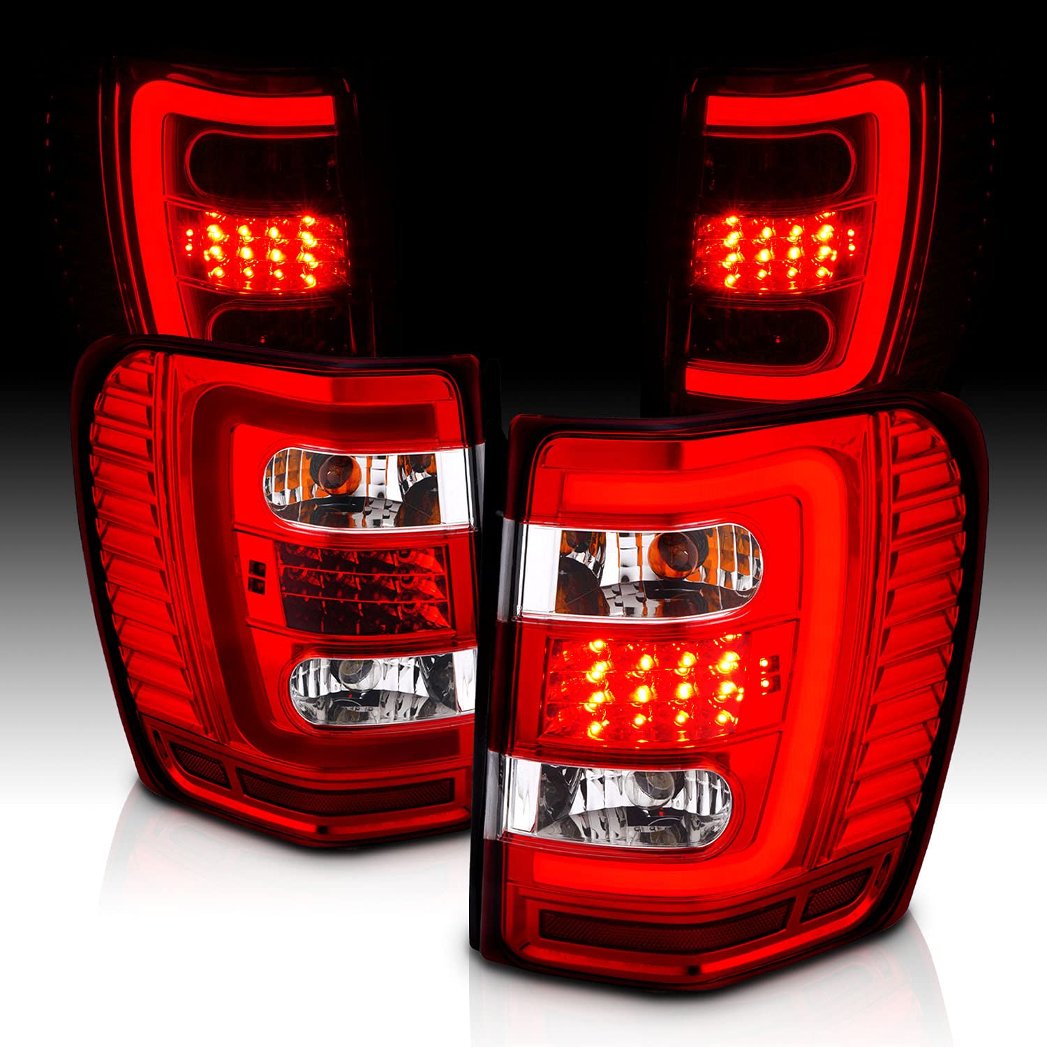 1999-2004 Jeep Grand Cherokee LED Tail Lights - Red C-Type Replacement Set (Driver & Passenger Side) | Durable Aftermarket Brake Lights for Off-Road & Night Driving