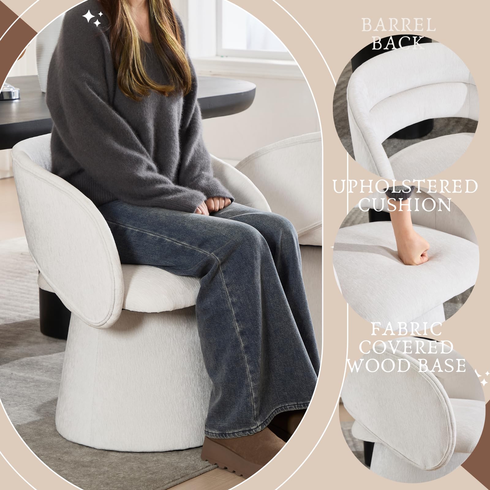 Guyou Modern Swivel Barrel Dining Chairs Set of 4 - Upholstered Accent Chairs with Hollow Barrel Back, White Chenille Fabric for Dining Room, Living Room, Bedroom & Vanity | Perfect for Home Decor, Entertaining Guests & Cozy Seating