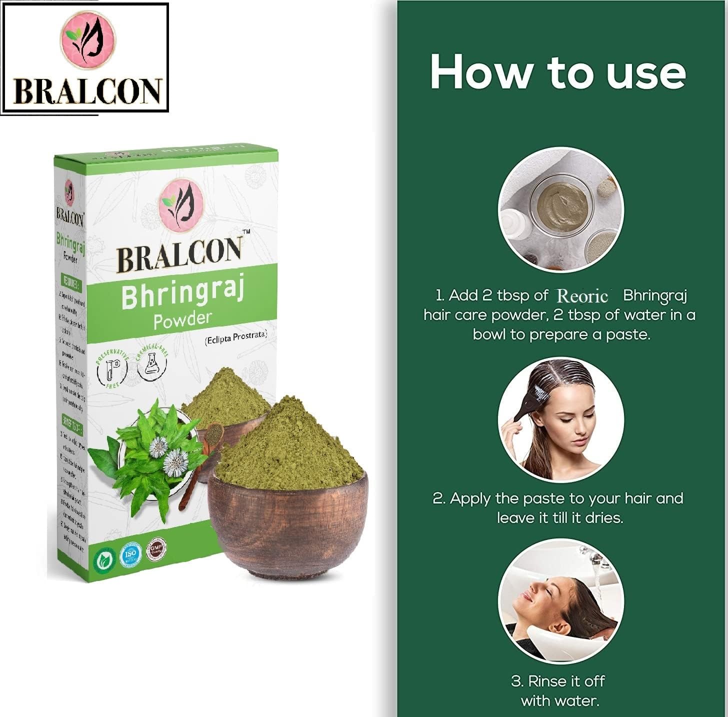 BRALCON Organic Bhringraj Powder 100g | 100% Pure Natural Eclipta Prostrata Powder for Hair Growth & Skin Care | Ayurvedic Hair Treatment | Promotes Healthy Scalp & Stronger Hair | Perfect for DIY Hair Masks & Natural Beauty Routines
