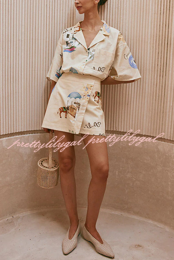 Kea Linen Blend Short Sleeve Shirt & High Waist Wrap Skirt Set - Floral Print Summer Outfit for Women | Casual Date Night, Beach Vacation, Office Wear