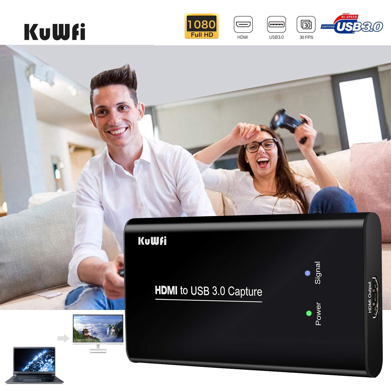 KuWFi HDMI to USB 3.0 Capture Card for PC Gaming - 1080P Video Audio Recorder for Live Streaming, Game Broadcast on PS4, Switch, Xbox & Laptop - Perfect for Twitch, YouTube & OBS Streaming