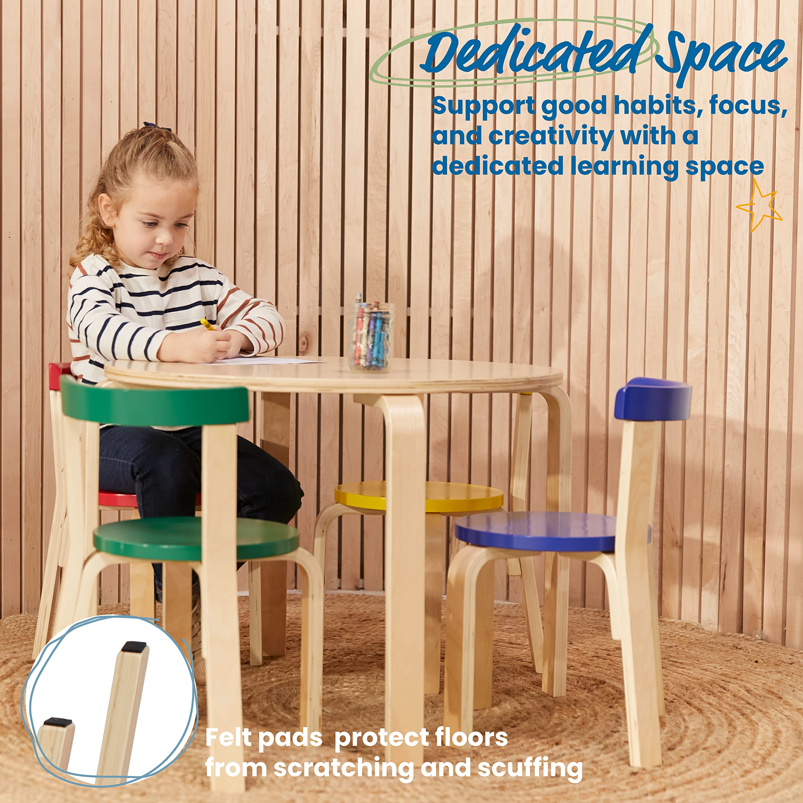 ECR4Kids Bentwood Round Table and Curved Back Chair Set - 5-Piece Kids Furniture for Classroom, Playroom & Daycare - Natural Wood Children's Table & Chairs for Learning & Play Activities