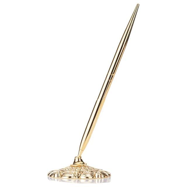 Premium Gold Metal Ballpoint Pen with Stand - Elegant Desk Accessory for Office, Wedding Guestbook Signing & Special Events - Perfect Gift for Professionals & Newlyweds
