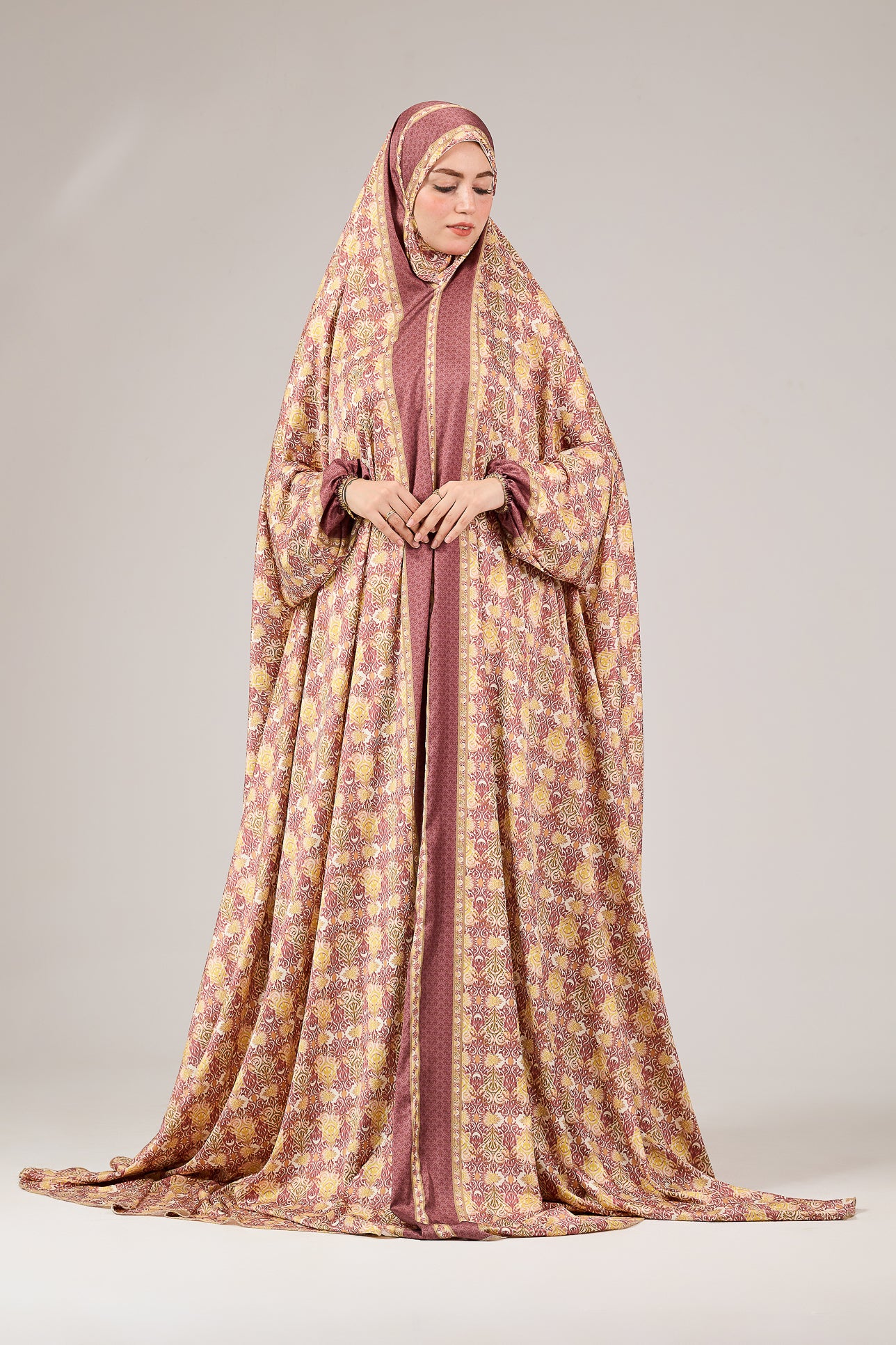 Elegant Satin Floral Prayer Gown with Elastic Cuffs - Comfortable Religious Attire for Church, Home Worship & Special Occasions