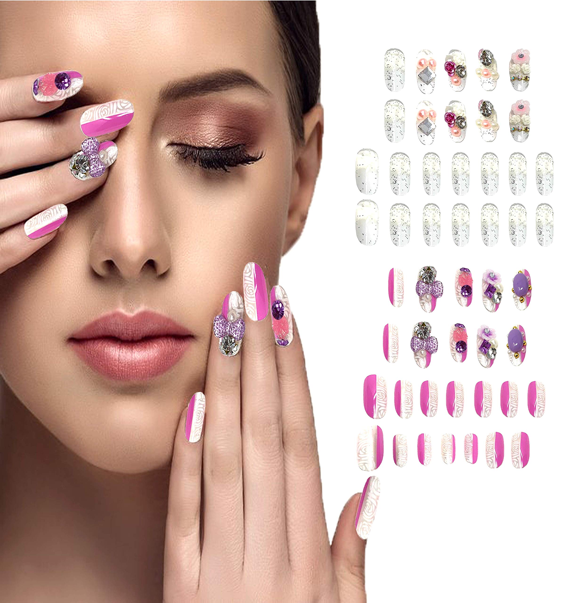 48 Pcs Pre-Glued False Nails Set - Clear & Purple Press On Nails with Strong Adhesive, Easy to Apply & Long Lasting - Perfect for Parties, Weddings, Daily Wear & Special Occasions