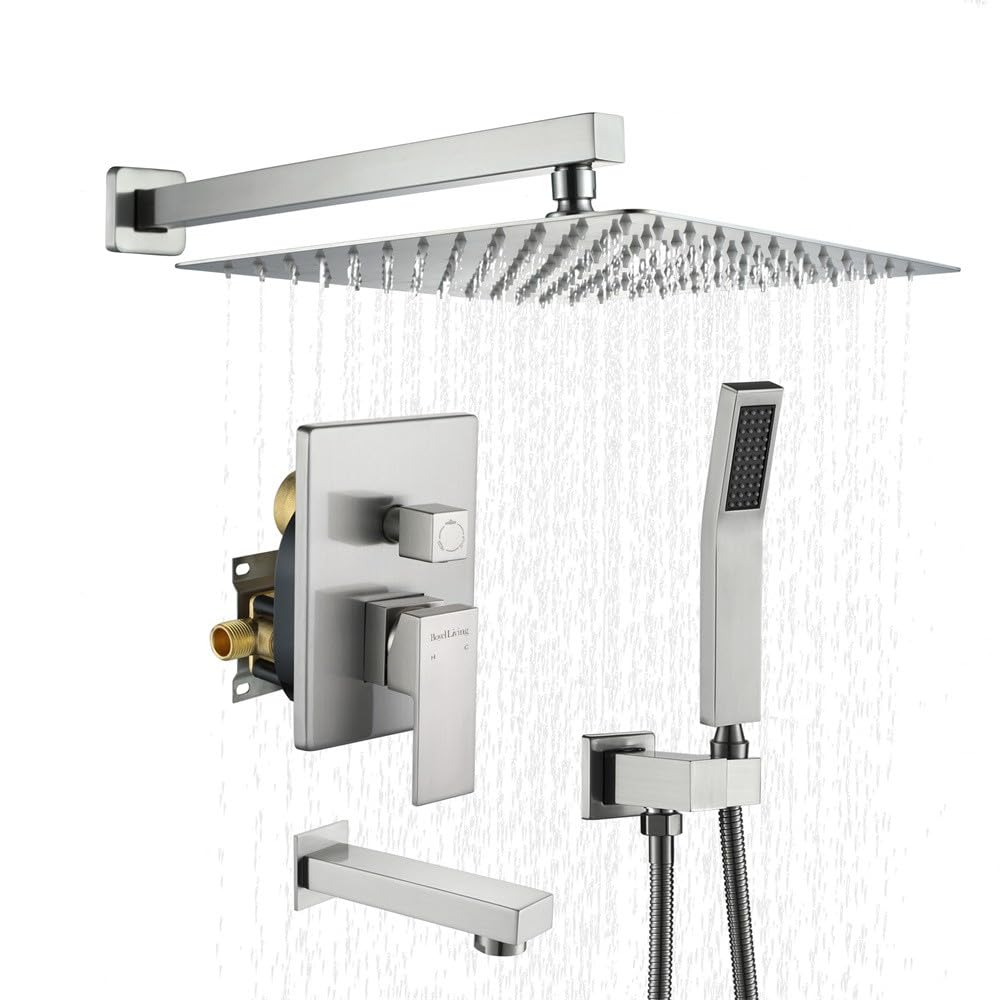 Premium 12 Inch Rainfall Shower System Set - High Pressure Matte Black Shower Head with Wall Mounted Faucet (3-Function, Brushed Nickel) for Luxury Bathroom & Spa Experience