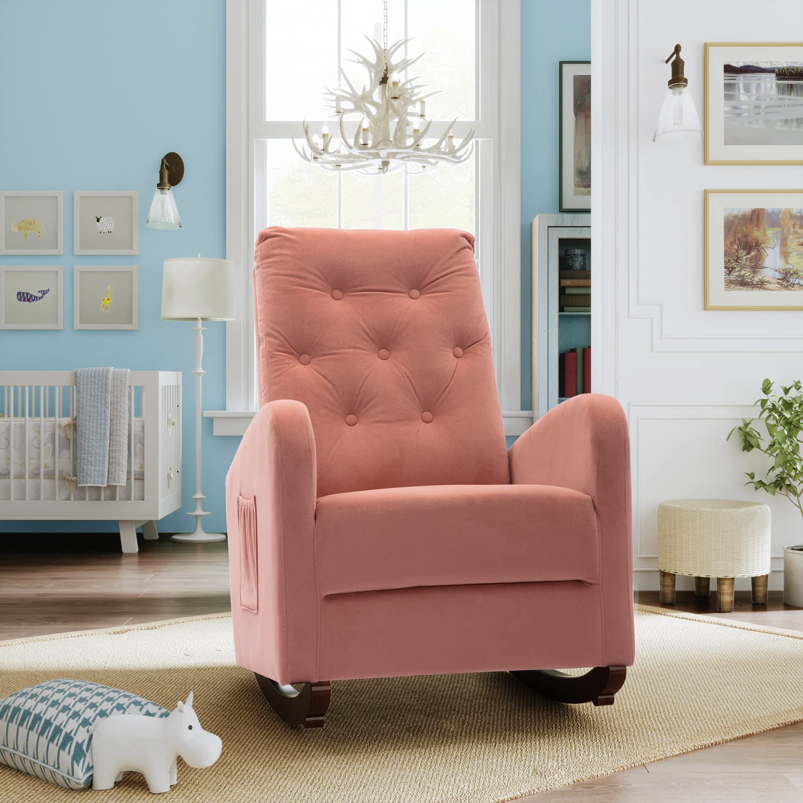 Velvet Upholstered Rocking Chair - Modern High Back Armchair with Padded Seat, Comfortable Rocker Reading Chair for Nursery, Living Room, Bedroom & Office - Perfect for Relaxing, Nursing & Home Decor (Pink)