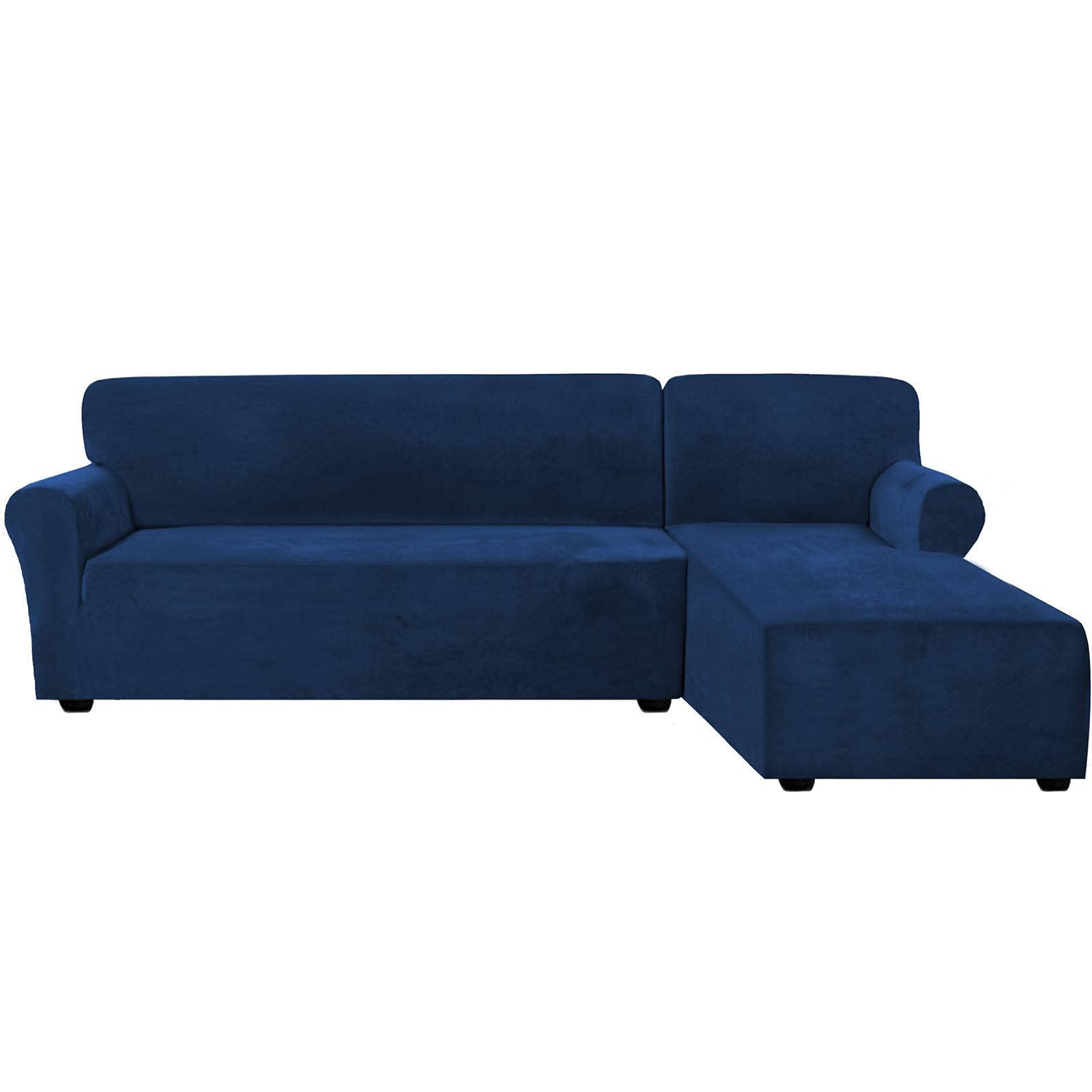 MOSU Velvet 2-Piece Stretch Sofa Slipcover for L-Shaped Sectional Couch with Chaise Longue - Navy Blue Right Chaise (Furniture Protector) | Perfect for Living Room, Family Room & Home Decor