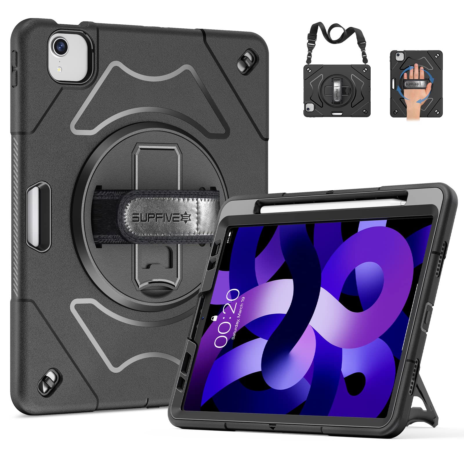 SUPFIVES Heavy Duty Rugged Case for iPad Air 5th Gen 2022/4th Gen 10.9 Inch - Full Body Protective Cover with Pencil Holder, Stand & Adjustable Hand/Shoulder Strap (Black) - Perfect for Outdoor, Travel, Work and School Use
