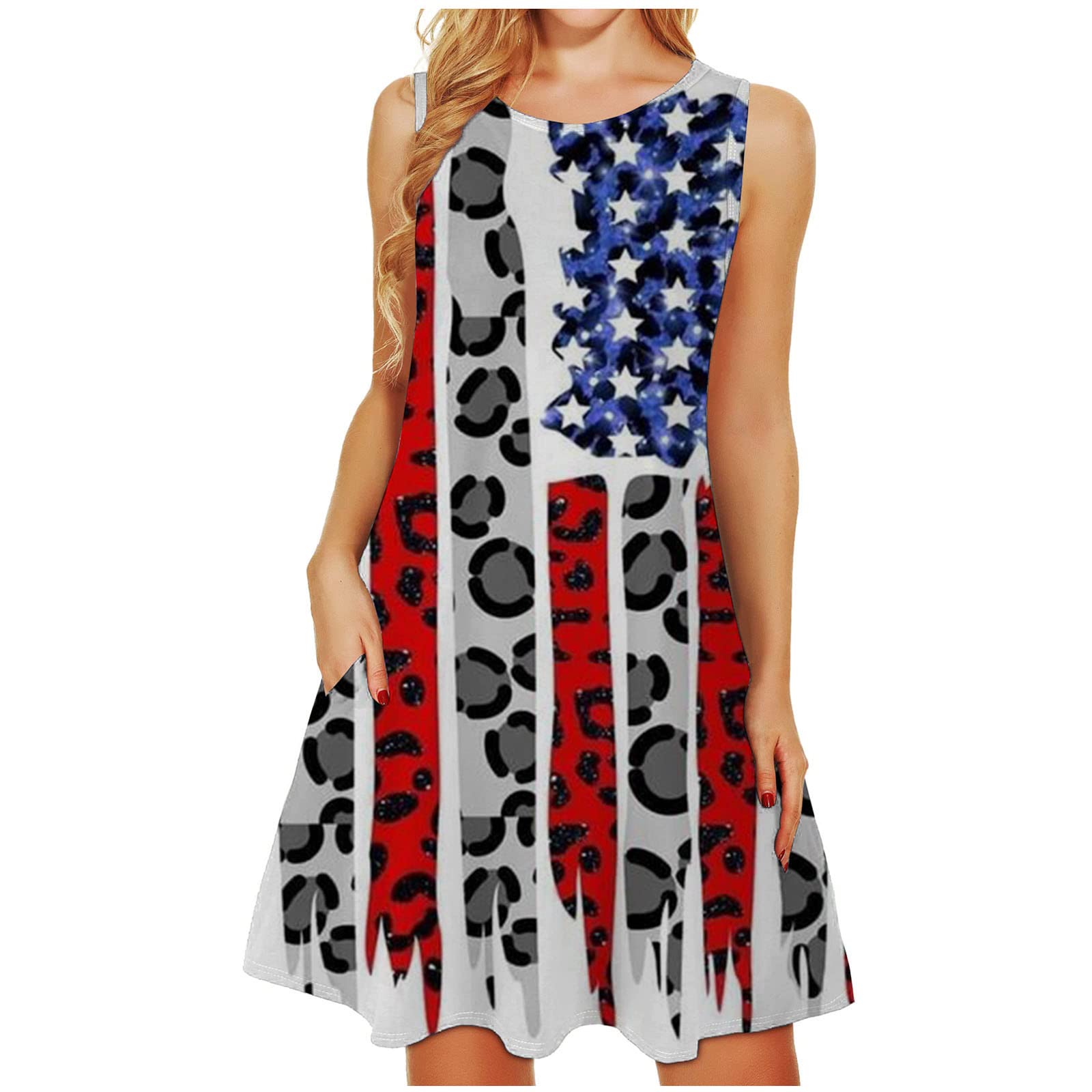 2024 Women's Summer Casual Sleeveless Round Neck Midi Dress - Independence Day Print Button Down Denim Dress | Perfect for 4th of July Parties, Beach Outings & Casual Daywear