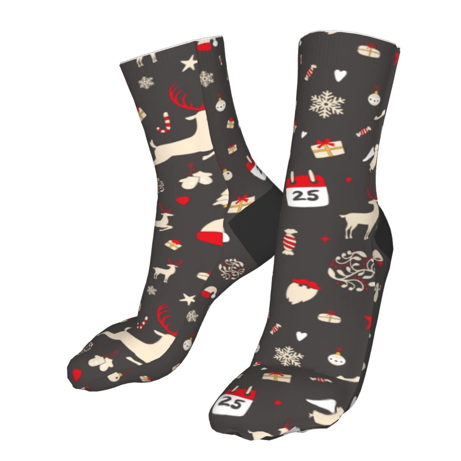 Men's & Women's Christmas Themed Athletic Ankle Socks - Black Yellow Deer, Bell, Snowflake, Ribbon, Tree & Snowman Designs - Cushioned Cotton Crew Running Socks for Sports & Holiday Gifts