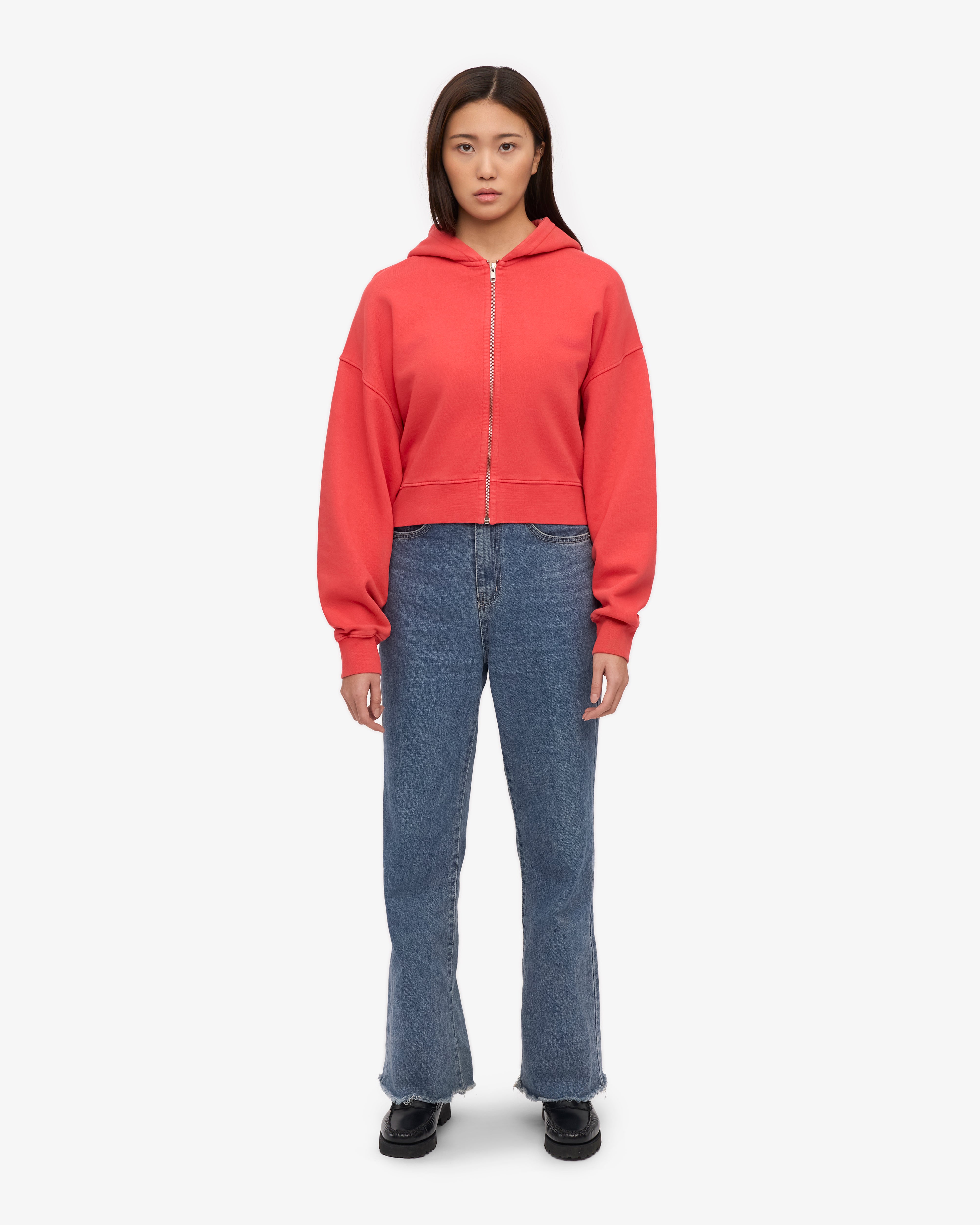 Organic Crop Zip Hoodie - Red Tangerine Color | Women's Casual Pullover for Streetwear & Loungewear | Perfect for Gym, Yoga & Everyday Wear
