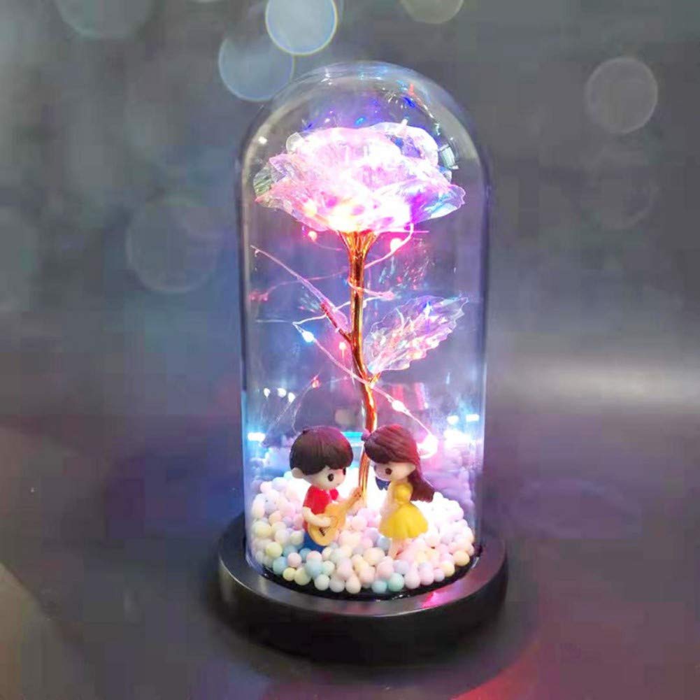 24K Gold Rose Galaxy Flower in Glass Dome with LED Light - Romantic Gift for Wedding, Valentine's Day, Mother's Day, Christmas - Perfect for Anniversary Surprises, Home Decor & Luxury Gift Giving