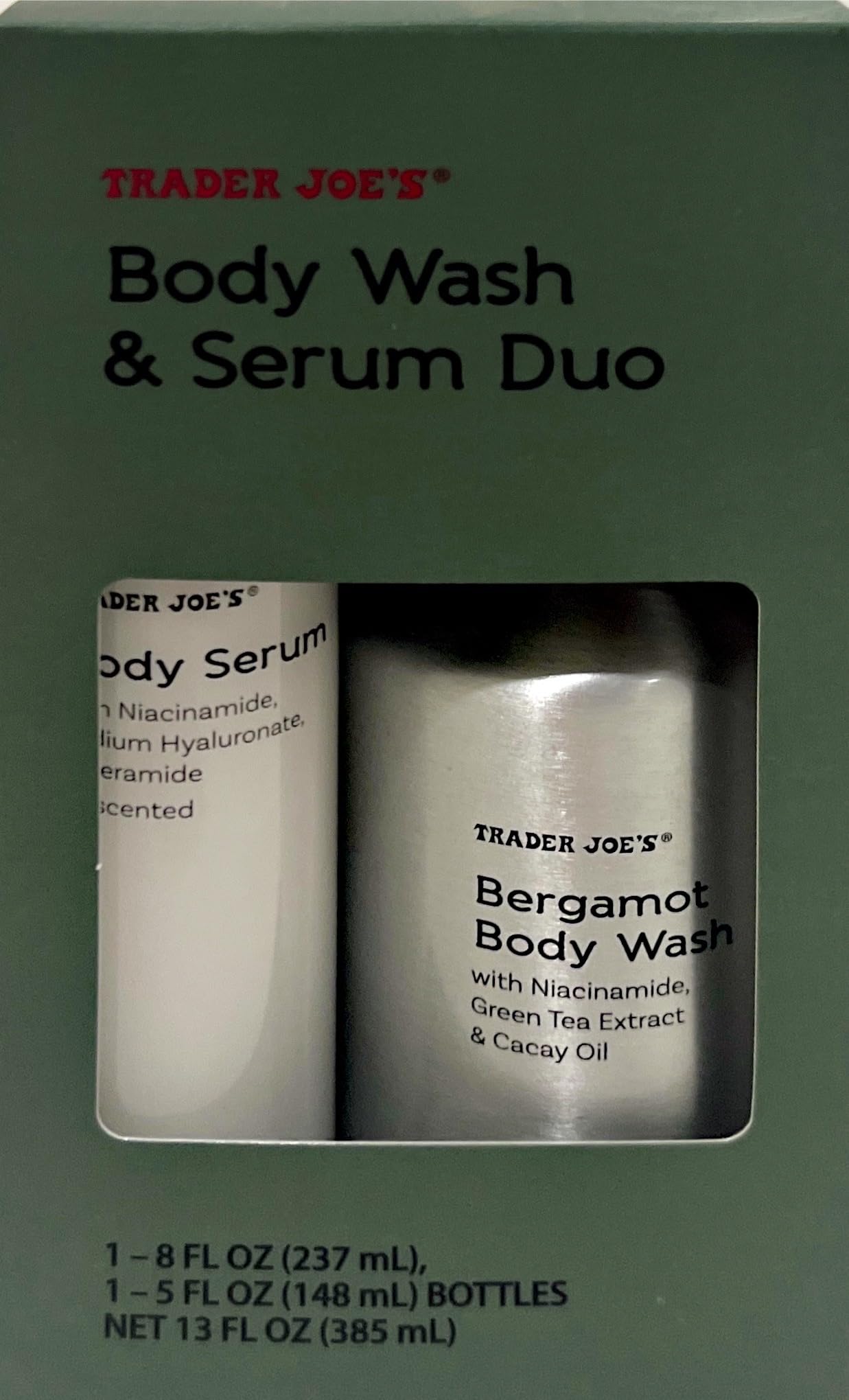 Trader Joe's Bergamot & Green Tea Body Wash & Unscented Serum Duo - 13 fl oz Hydrating Skincare Set for Dry & Sensitive Skin - Perfect for Daily Shower & Post-Shower Moisturizing Routine