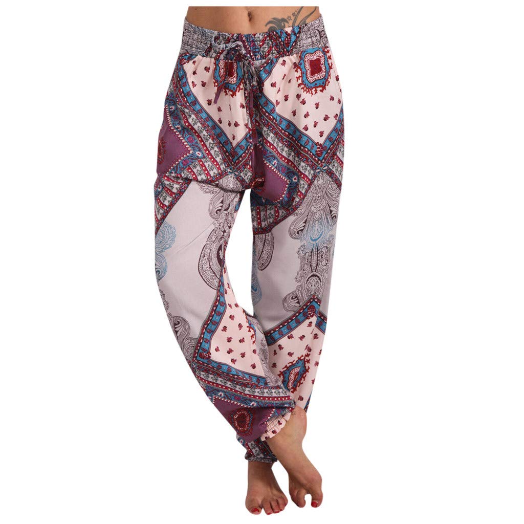 Women's Casual Elastic Waist Printed Straight Leg Pants with Drawstring - Loose Fit Petite & Regular Sizes - Perfect for Work, Travel & Everyday Comfort