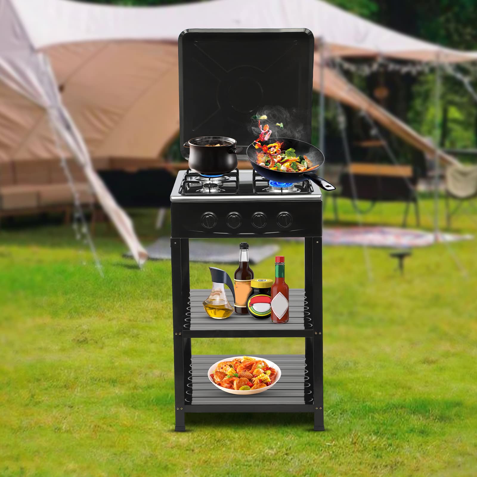 4 Burner Portable Camping Stove with Windproof Cover & Leg Stand - Manual Ignition Gas Stove for Outdoor Cooking, Picnics, RV Trips & Emergency Preparedness - Perfect for Camping, Backpacking & Home Use (Black)