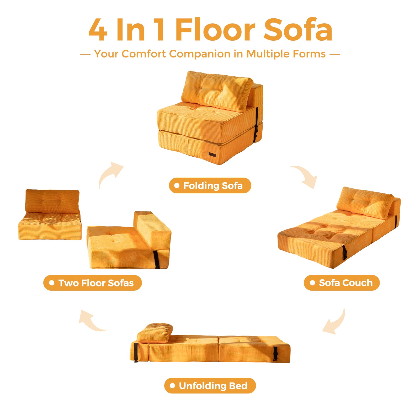 MAXYOYO Convertible Folding Sofa Bed with High Density Support Foam - Comfortable Sleeper Sofa for Small Spaces, Guest Room & Apartment Living - Orange Modern Futon for Living Room, Bedroom & Office