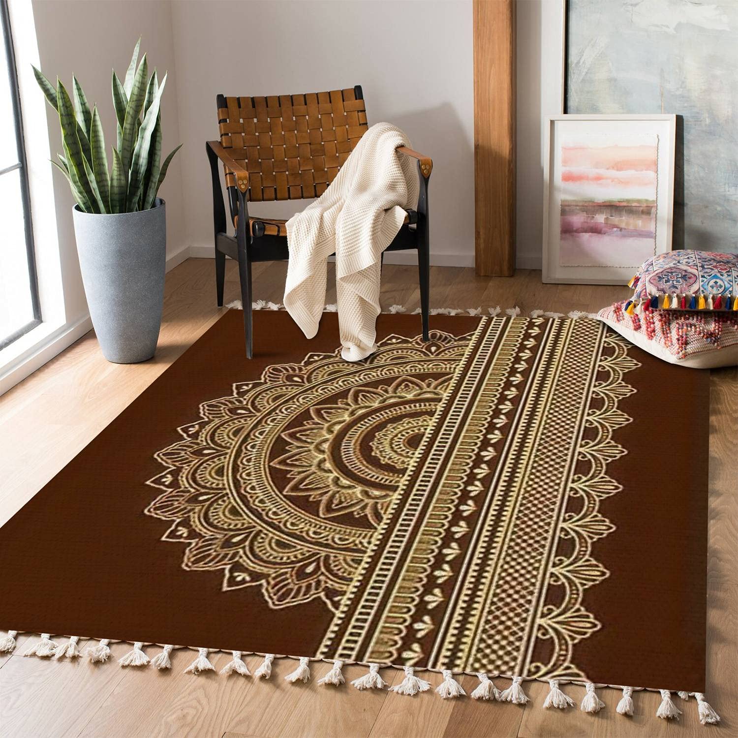 Boho Rug Ethnic Oriental Mehndi Lotus Flower Seamless Pattern Area Rug - Non-Slip Carpet for Living Room, Bedroom, Patio, Hallway - Indoor Outdoor Minimalist Home Decor - Perfect for Bohemian, Asian, or Modern Style Decorations