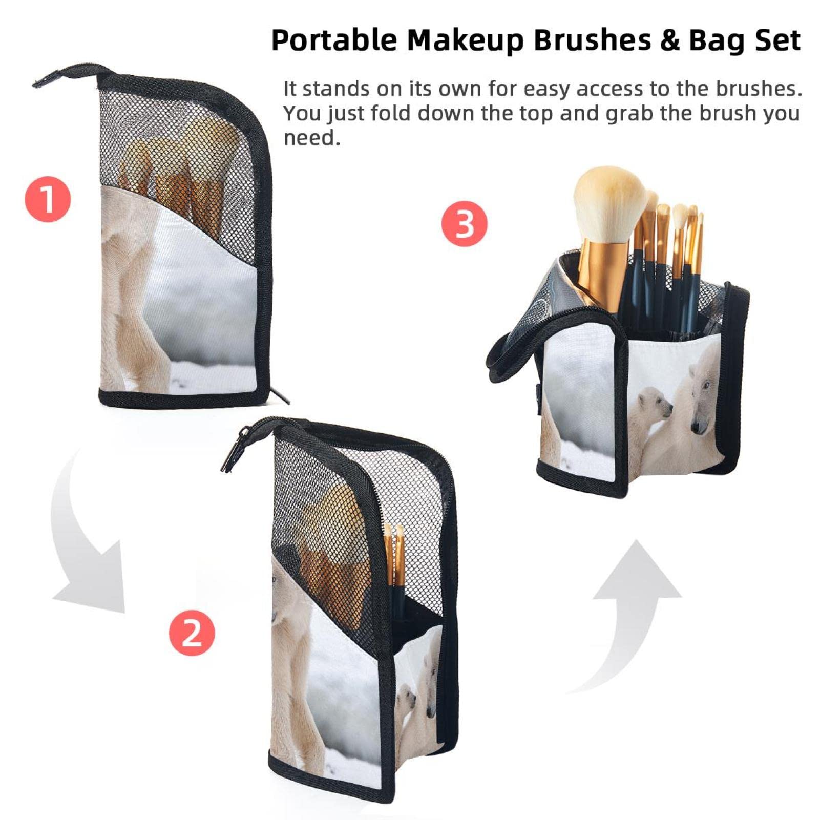12-Piece Makeup Brush Organizer Bag with Winter Snow Polar Bear Design - Portable Travel Cosmetic Brush Holder Case for Professional Artists & Beginners - Perfect for Home, Travel, and Makeup Studio Use