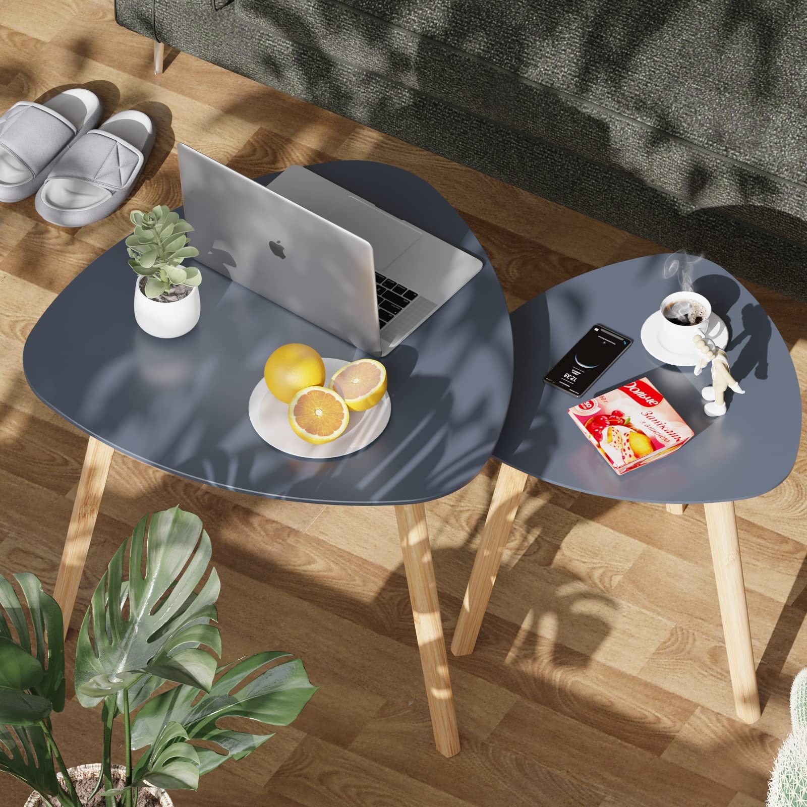 BAMEOS Set of 2 Bamboo Nesting Triangle End Tables - Modern Minimalist Coffee & Side Tables for Living Room, Balcony, Bedroom - Lightweight & Durable in Grey