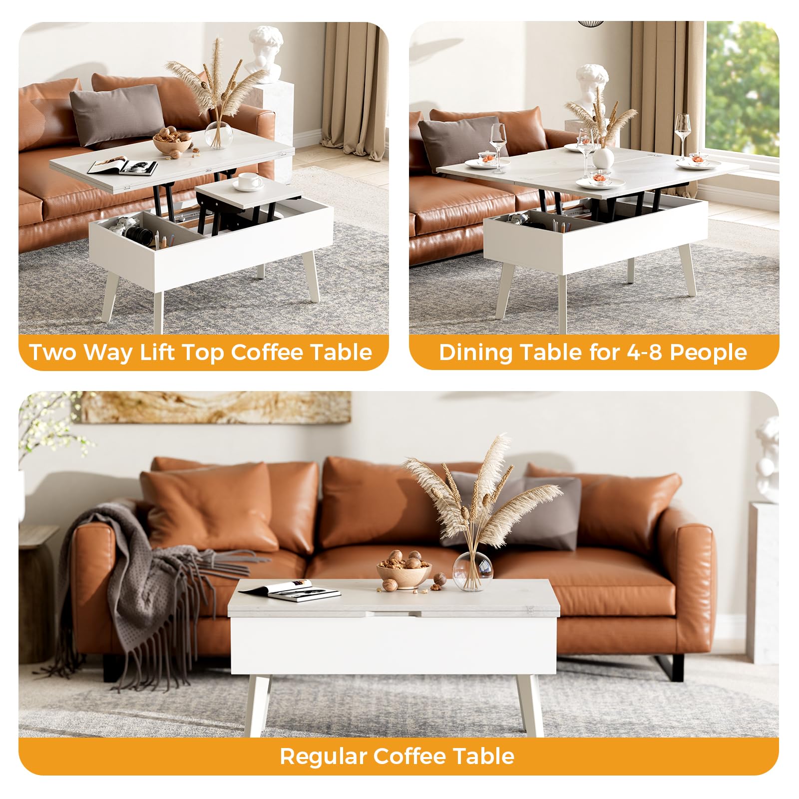 3 in 1 Lift Top Coffee Table - Easy 10-Minute Assembly, Convertible Multifunctional Table to Dining Table & Work Desk with Storage, Modern Gray - Perfect for Small Spaces, Living Rooms & Home Offices