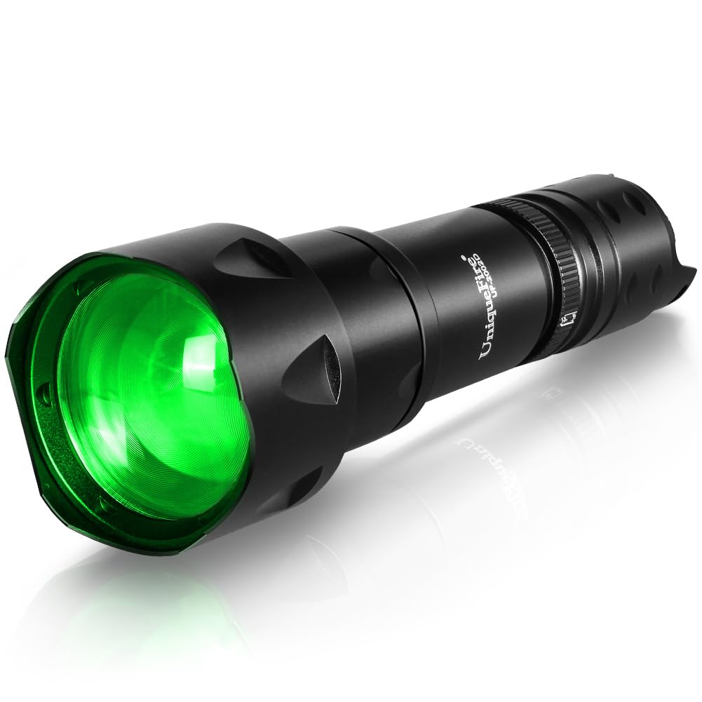 UniqueFire 2002D Rechargeable Green Flashlight for Night Hunting - Zoomable Fresnel Lens with Rapid Dimmer Switch & Mounting Bracket - Perfect for Hog, Coyote and Predator Hunting - Ideal for Outdoor, Camping and Security Use
