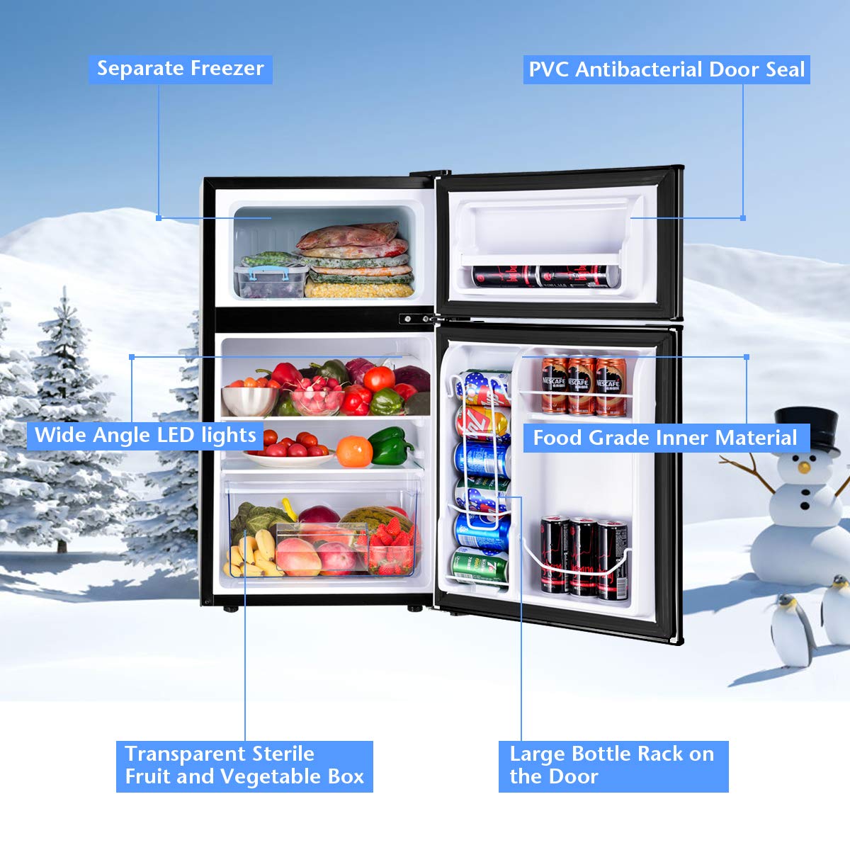 COSTWAY 3.2 cu ft Compact Refrigerator with Freezer | 2-Door Mini Fridge with Reversible Door, Removable Glass Shelves & Mechanical Control | Perfect for Dorm, Office, Apartment, RV & Small Spaces (Black)