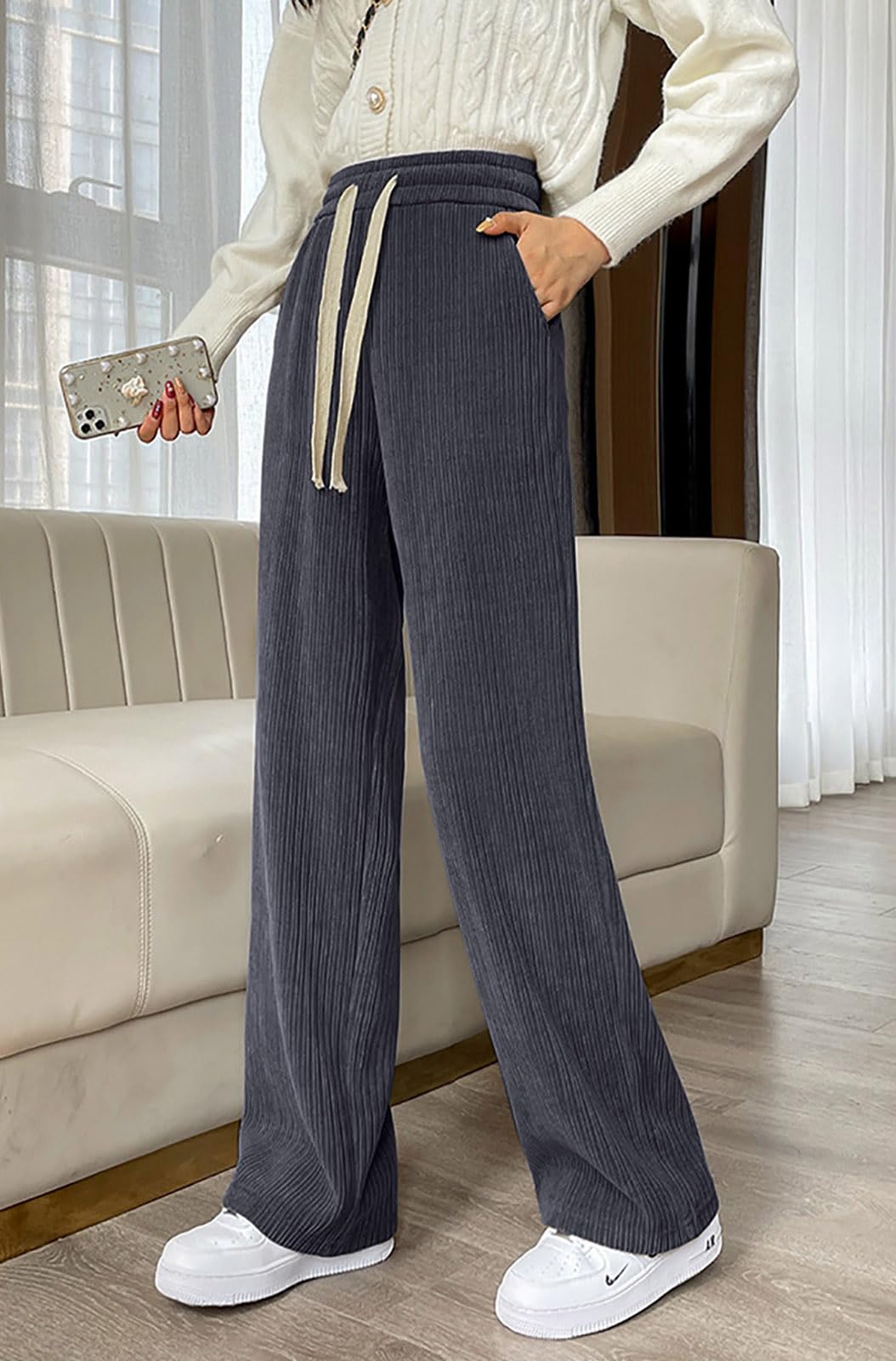 UTCoco Women's High Waisted Corduroy Pants - Casual Drawstring Wide Leg Trousers for Women | Perfect for Fall Fashion, Office Wear & Weekend Outfits