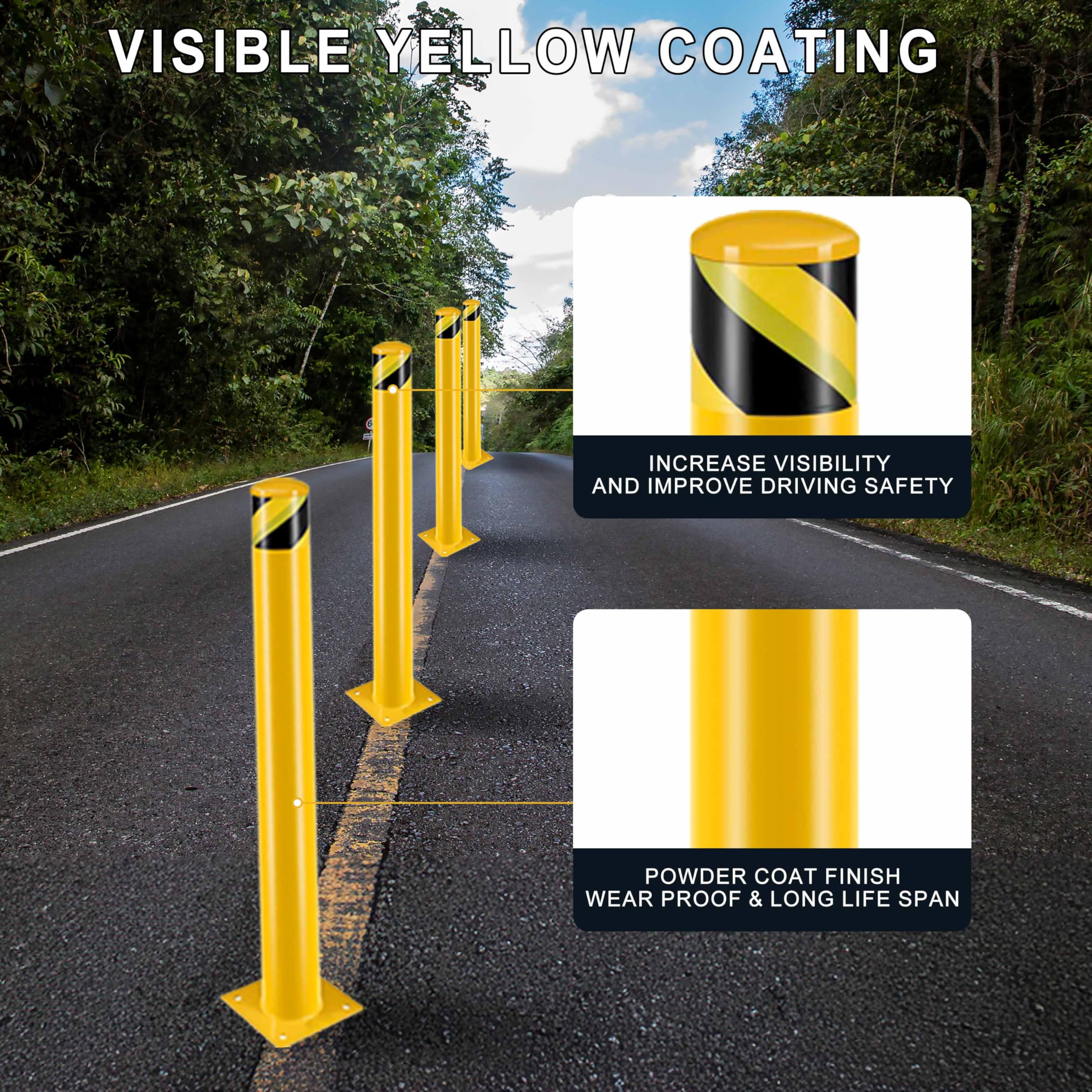 42-Inch Tall Steel Safety Bollard with 4.5-Inch Diameter - Heavy Duty Yellow Traffic Bollards with 16 Anchor Bolts for Maximum Stability - Ideal for Parking Lots, Warehouses, and High-Traffic Areas (4-Pack)