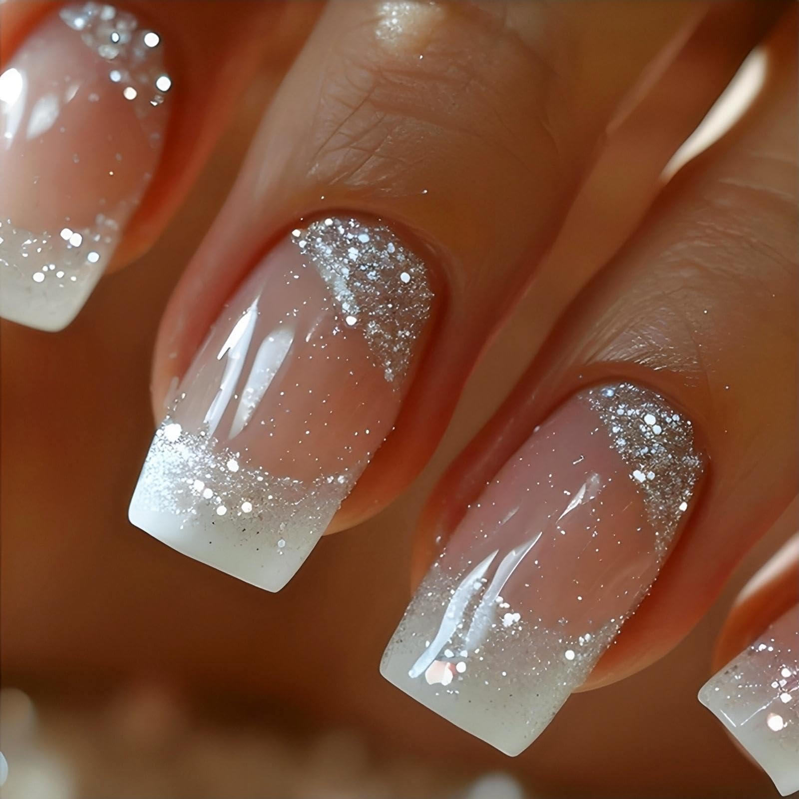 24pcs Silver Glitter French Press On Nails - Square White False Nails with Full Cover Design for Women | Perfect for Parties, Weddings & Special Occasions