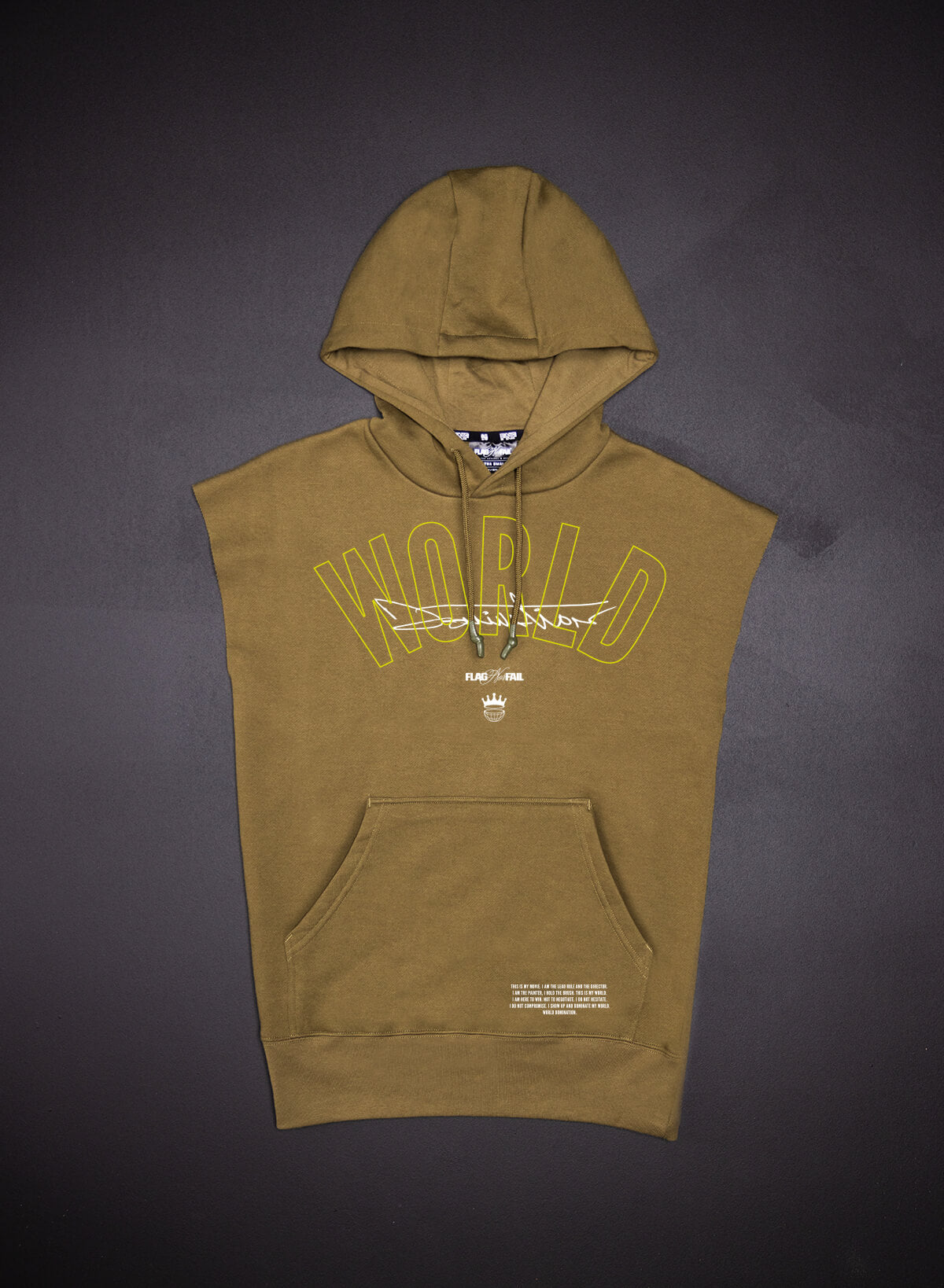 WORLD DOMINATION SLEEVELESS HOODIE - Olive Green Streetwear for Men & Women | Perfect for Gym, Concerts & Urban Fashion