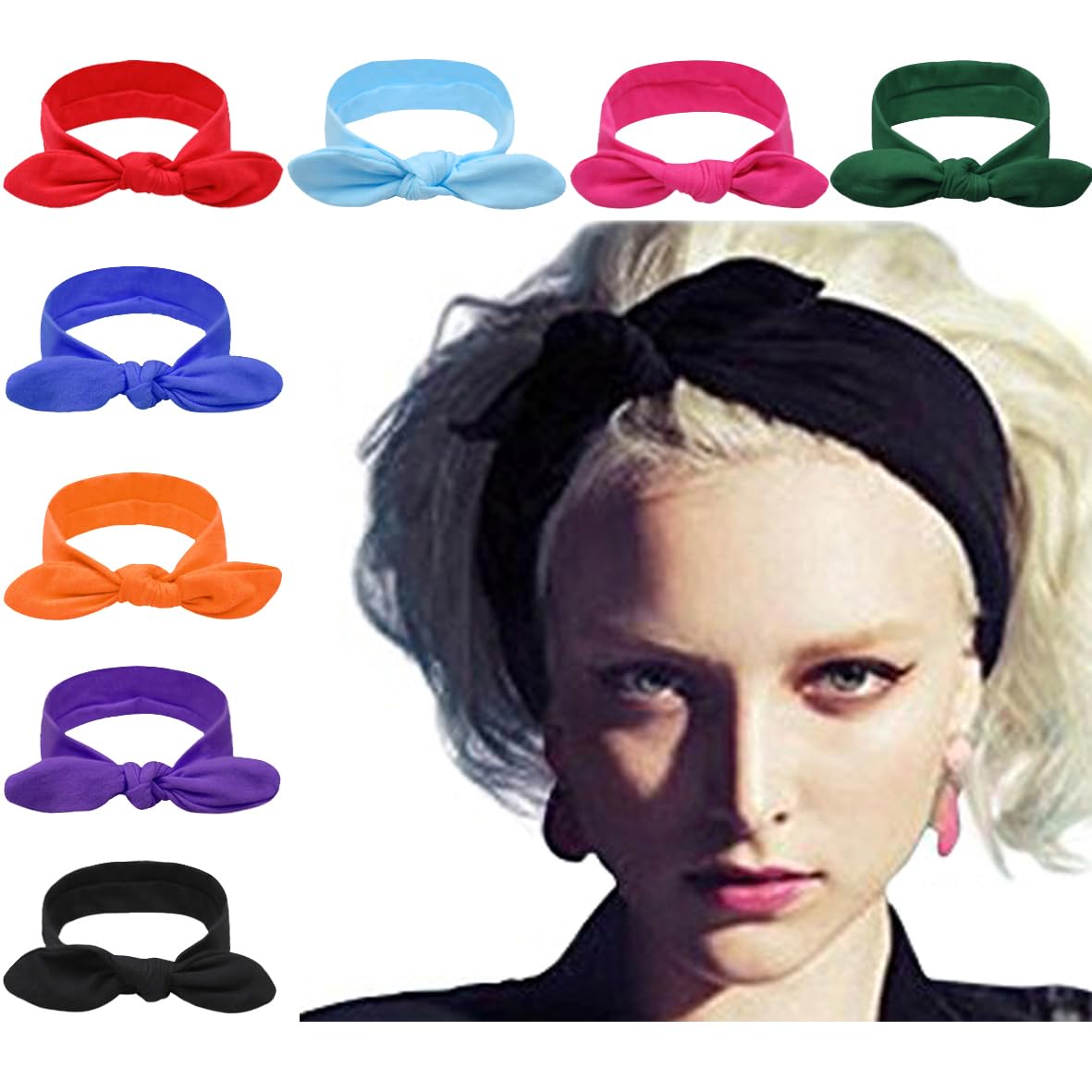 DRESHOW 8 Pack Women's Elastic Bow Headbands - Non-Slip Knotted Turban Headwraps with Rabbit Ears for Sports, Workouts, and Casual Wear | Cute Hair Accessories for Women and Girls