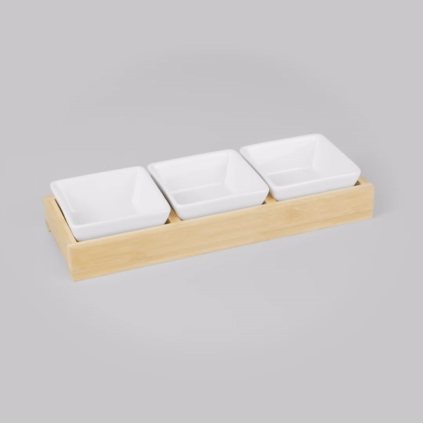 Premium 6 oz White Porcelain Modern Bowl Set with Bamboo Tray - 3 Rectangle Bowls (11.75
