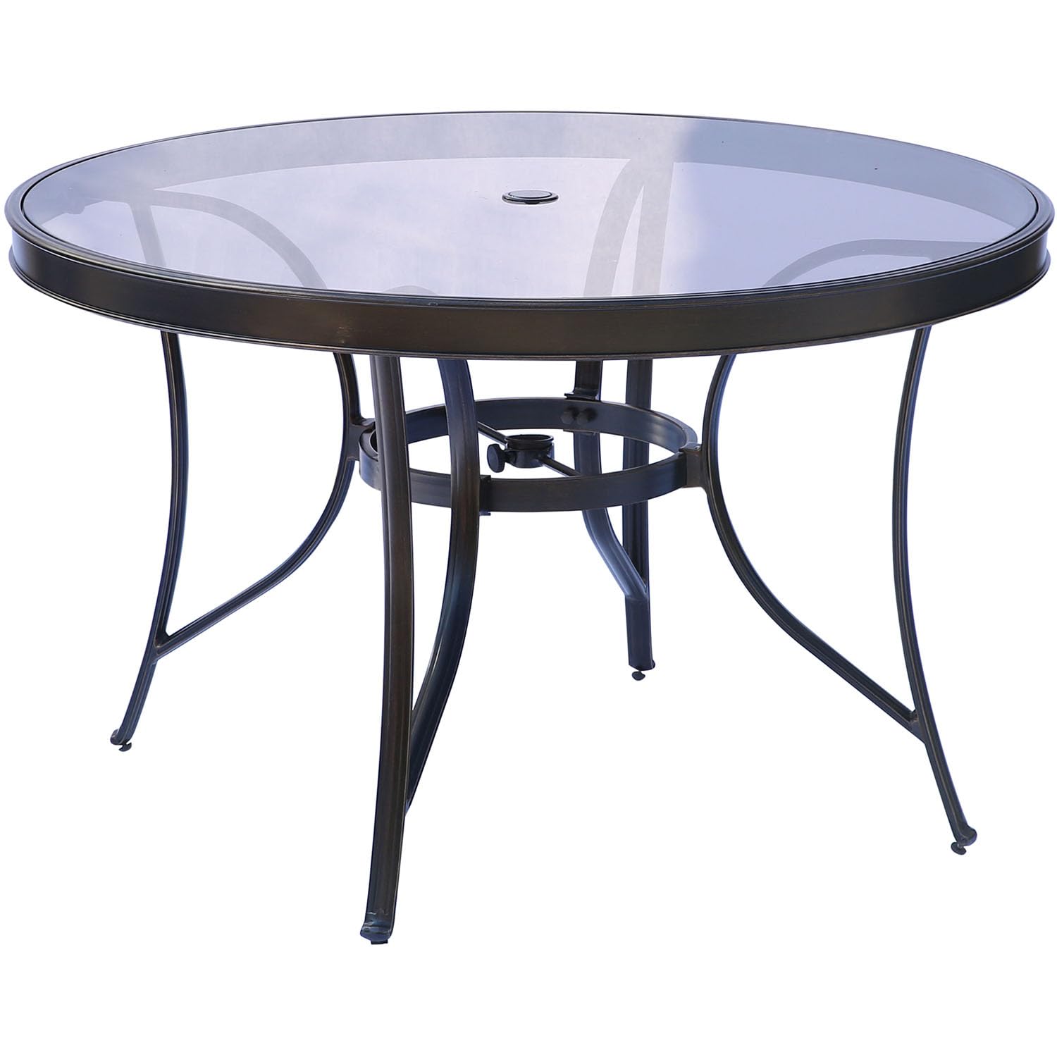 Hanover Fontana 5-Piece Outdoor Dining Set with Tan PVC Sling Swivel Rocker Chairs & 47