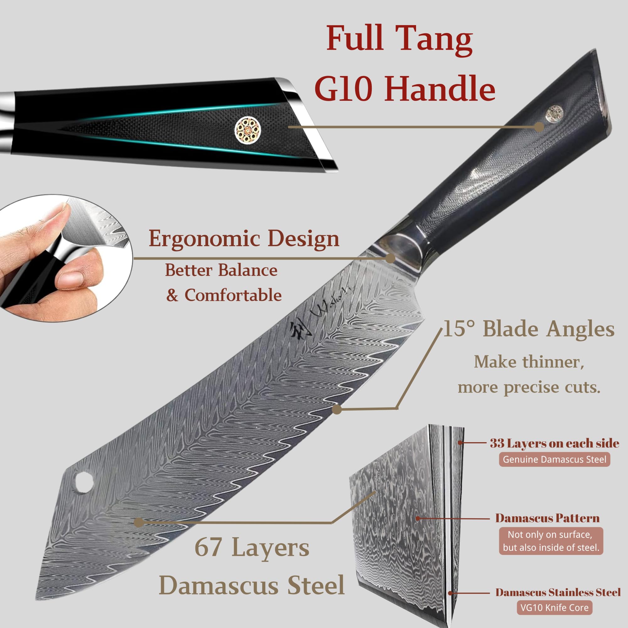 **Wakoli Damascus Chef Knife 9.3-inch - Ultra Sharp 67-Layer Genuine Damascus Steel Kitchen Knife with G10 Handle, Feza Series - Perfect for Slicing, Dicing & Professional Cooking**