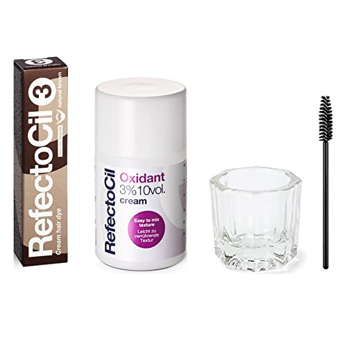REfectoCil Color Kit - Natural Brown Cream Hair Dye with 3% Liquid Oxidant (1.7oz) + Mixing Brush & Dish | At-Home Hair Coloring for Women & Men | DIY Salon-Quality Hair Color Treatment