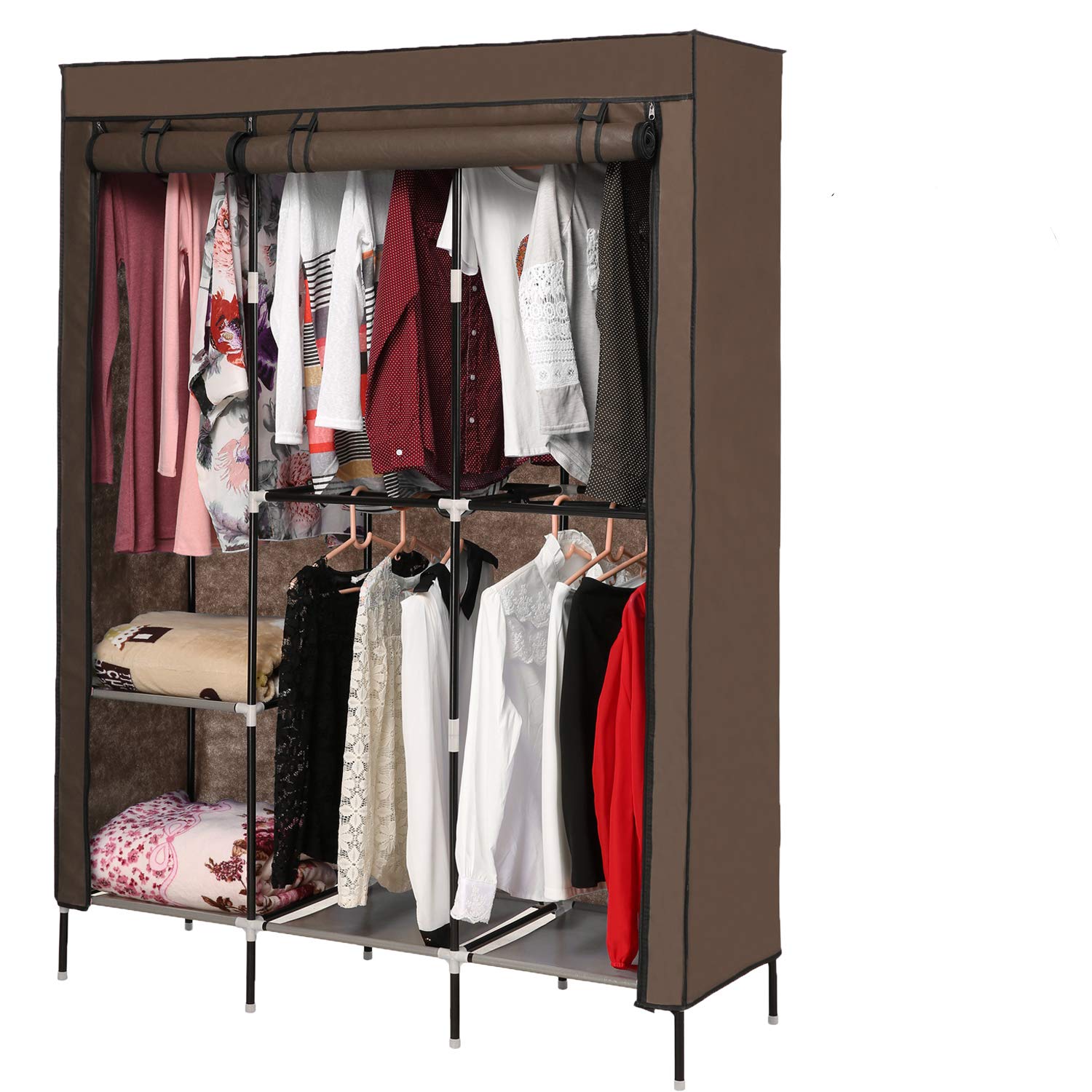 Hicient Portable Clothes Closet Wardrobe Storage Organizer - Breathable Fabric, Zippered Double Rod, Easy Assembly & Durable - Dark Brown | Perfect for Bedroom, Closet, Dorm, Apartment & Travel Organization