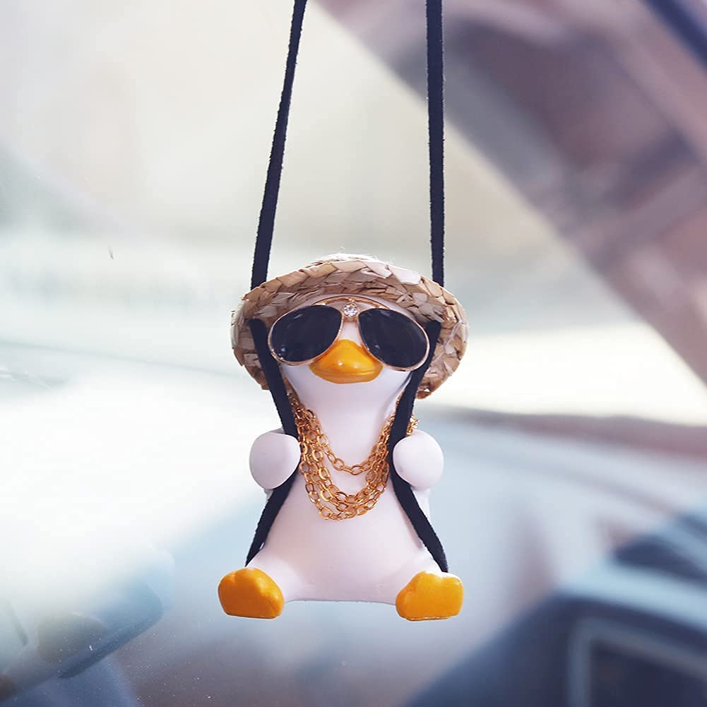 Cute Duck Car Mirror Charm Hanging Ornament - Gold Chain Rearview Mirror Pendant for Women & Men - Perfect for Car Interior Decor, Gifts and Road Trip Accessories