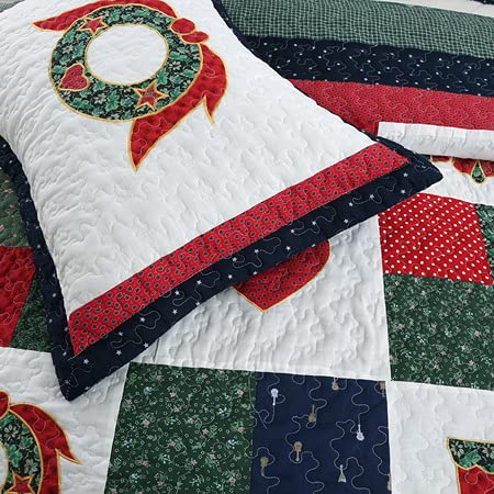 3-Piece Christmas Wreath & Tree Quilt Bedding Set - 100% Cotton Full/Queen Size Comforter for Holiday Bedroom Decor | Perfect for Festive Seasonal Home Styling
