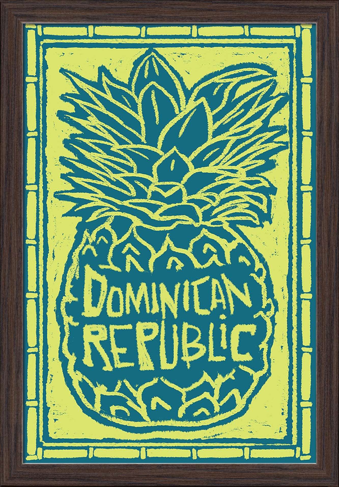 Dominican Republic Pineapple Woodcut Art Print - 16x24 Inch Giclee Fine Art on Recycled Wood Frame in Espresso Brown - Tropical Home Decor for Living Room, Office & Beach House