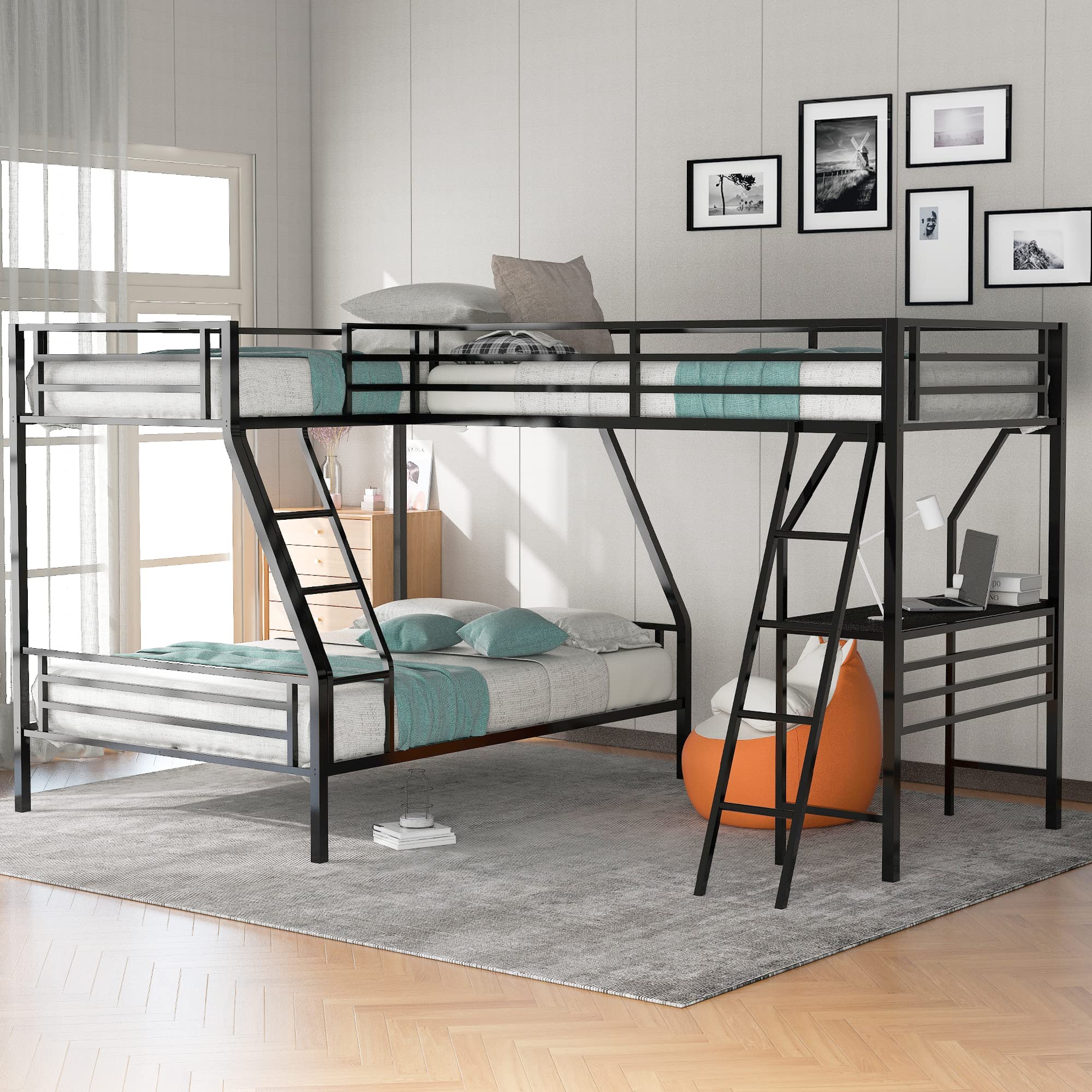 Metal Triple Bunk Beds with Study Desk | L-Shaped Twin Over Full Bunk Bed with Attached Loft Bed Frame | Sturdy Ladders & Safety Guardrails for Kids, Teens & Adults (Black) | Space-Saving Solution for Small Rooms, Dorms & Shared Bedrooms