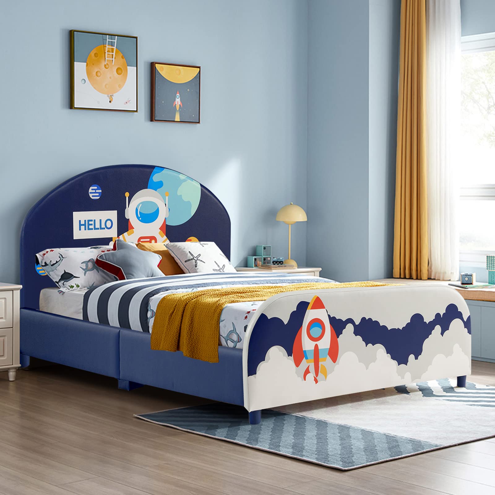 Costzon Twin Bed Frame for Kids - Wooden Upholstered Platform Bed with Slat Support | Padded Headboard & Footboard | No Box Spring Needed | Easy Assembly | Fits Standard Twin Mattress | Astronaut Theme | Perfect for Kids' Bedrooms, Dorm Rooms & Space-Themed Decor