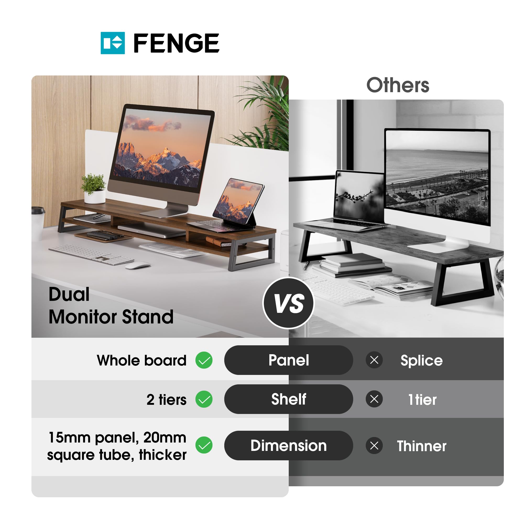 Dual Monitor Stand Riser for Desk - 42.5 Inch Large 2-Tier Monitor Shelf for 2 Screens, Laptop, PC & Printer | Space-Saving Office Desk Organizer for Home & Work Setup