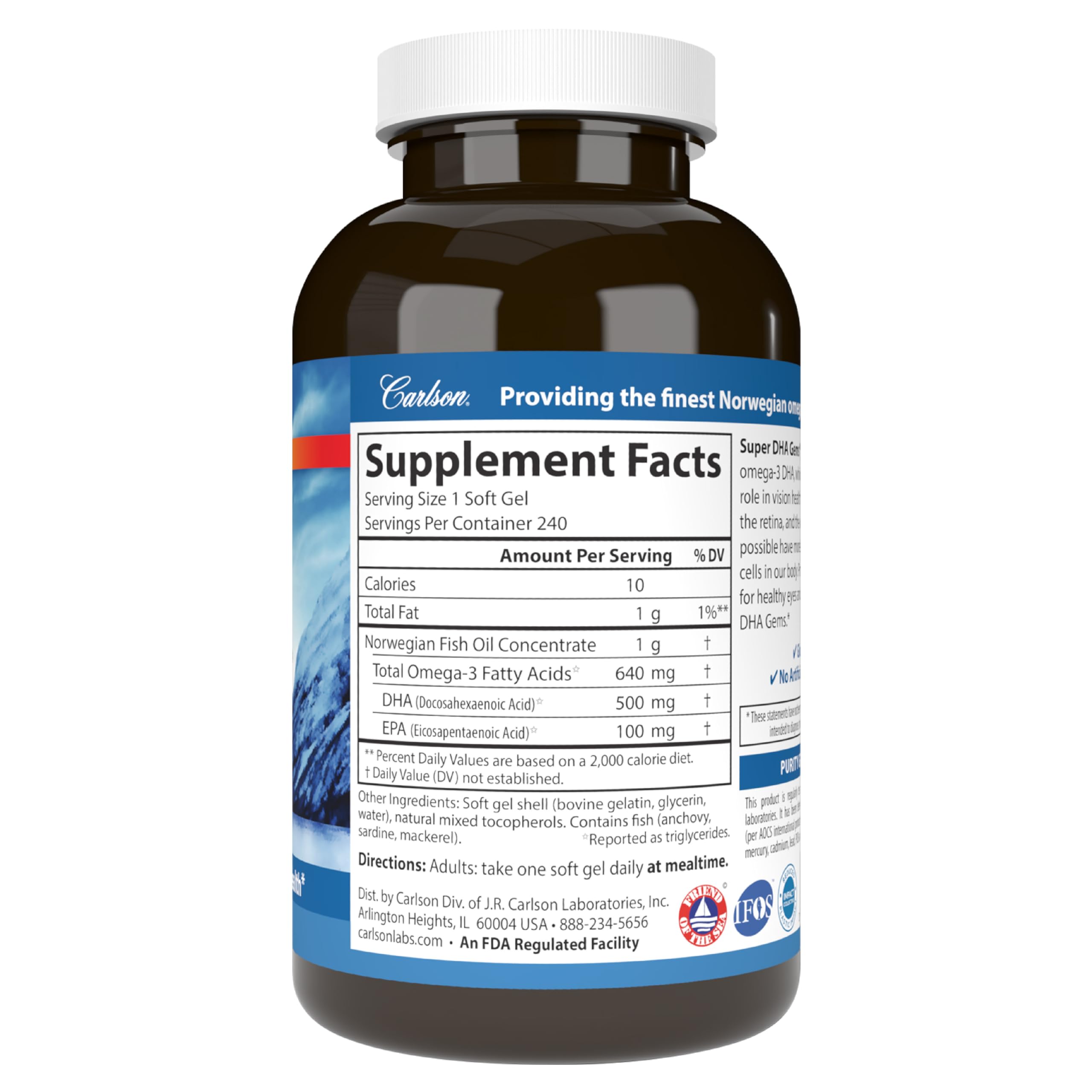 Carlson Super DHA Gems - 500mg DHA Omega-3 Fish Oil Supplement with 640mg Fatty Acids, Norwegian Wild-Caught & Sustainably Sourced Softgels (240 Count) for Brain, Heart & Eye Health Support