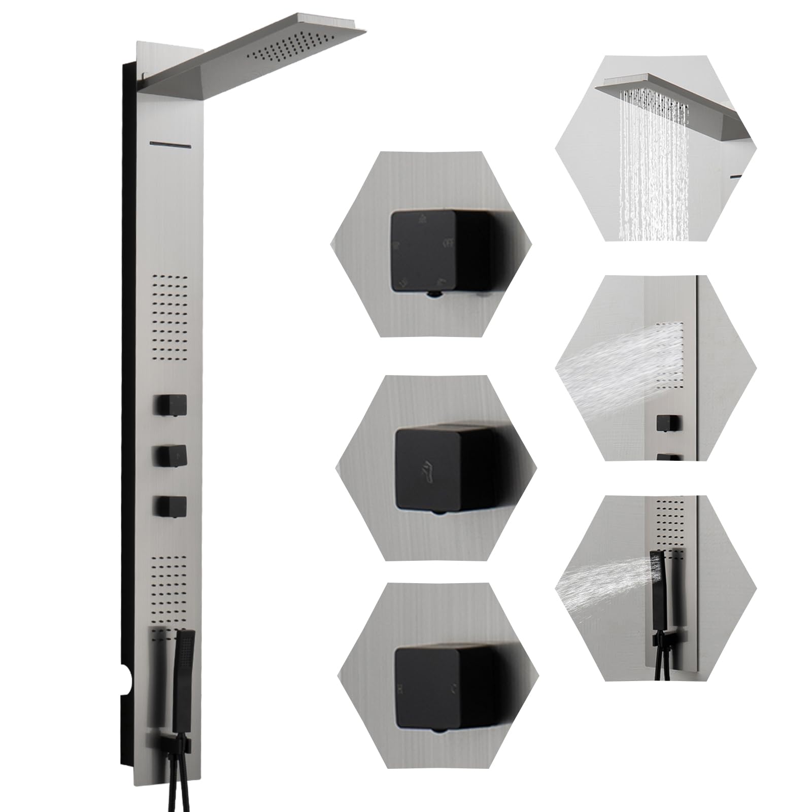 BWE 2-Jetted Shower Panel System with Rainfall Shower Head & Handheld Spray - Brushed Nickel & Black Stainless Steel - Perfect for Spa-Like Bathroom Upgrades & Luxury Home Renovations